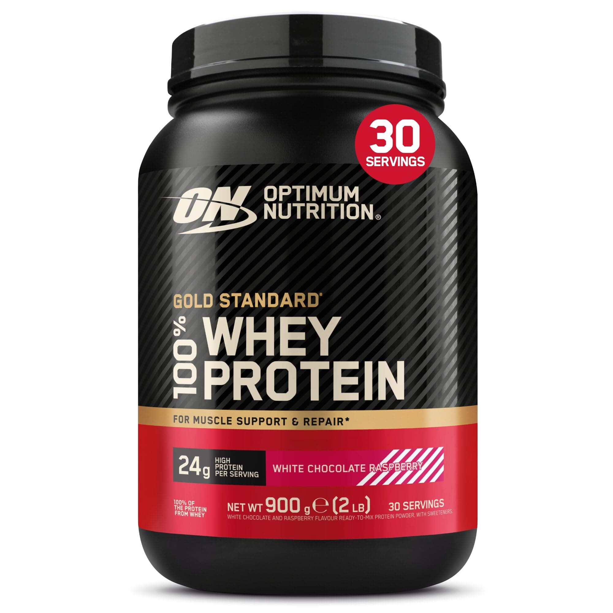 Optimum Nutrition Gold Standard 100% Whey, Proteína, Sabor Chocolate Blanco y Frambuesa, 900g, 30 Servicios, Paquete Puede Variar