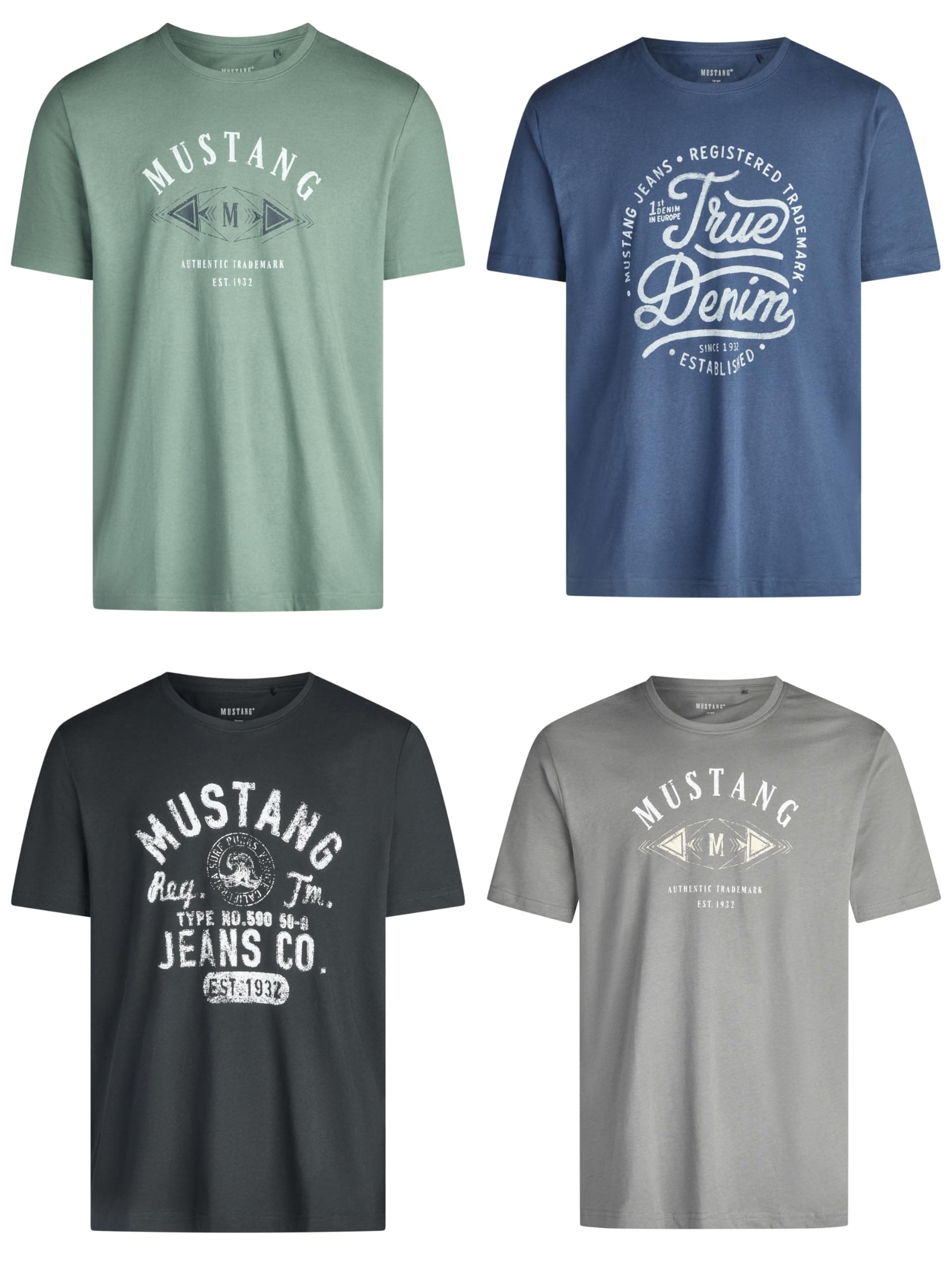 MUSTANG Tshirt Herren Baumwolle Regular Fit 4er Pack Set Rundhals Kurzarm Sommer Tee Shirt Logoprint Schwarz Weiß Grau Blau Grün S M L XL XXL 3XL 4XL 5XL 6XL