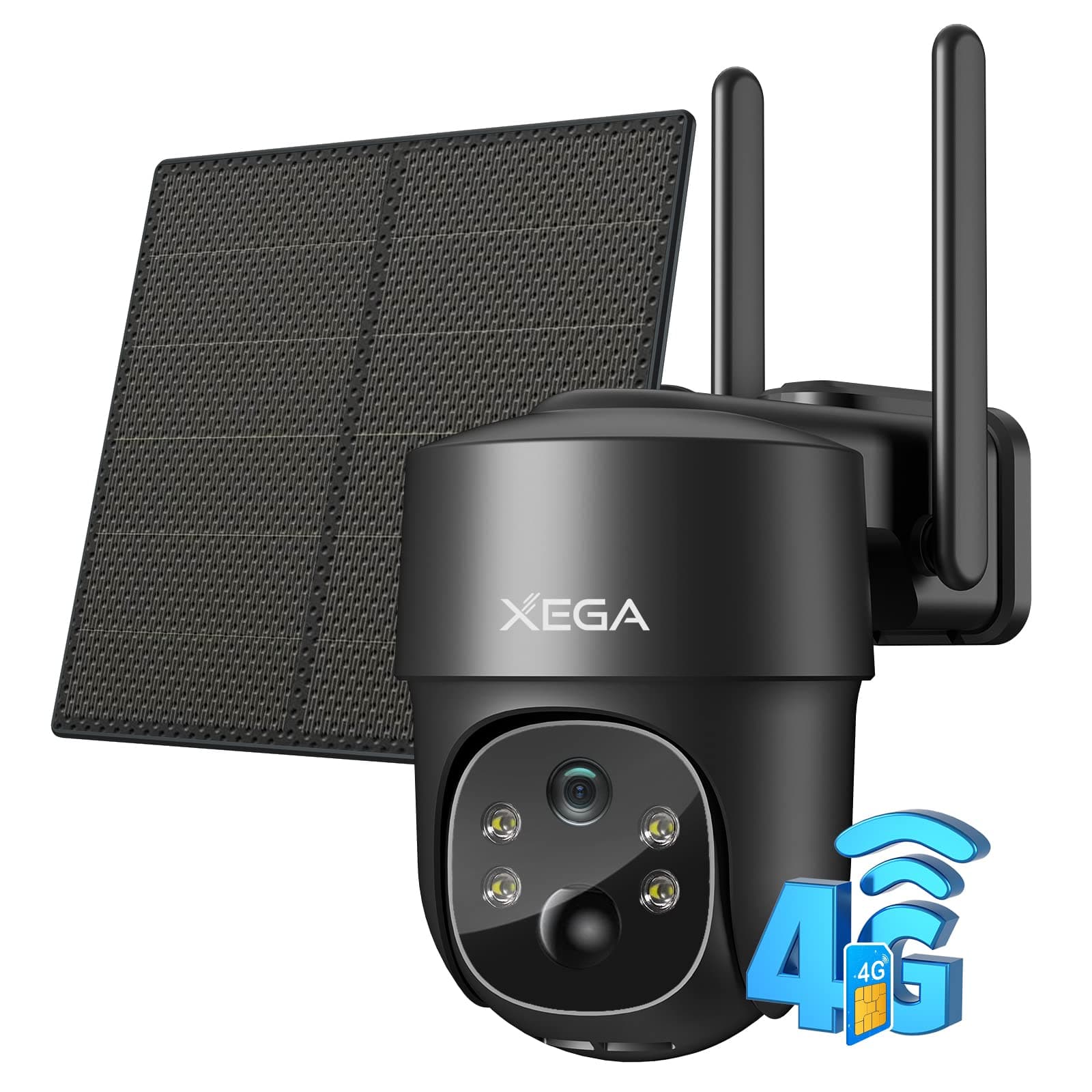 Xega 4G LTE Cámara Vigilancia Exterior con Sim, Camara 4G Solar Sin Cable con Batería 2K HD PTZ 355°/90°, Visión Nocturna, Detección De Movimiento, Almacenamiento Local & Cloud, IP66