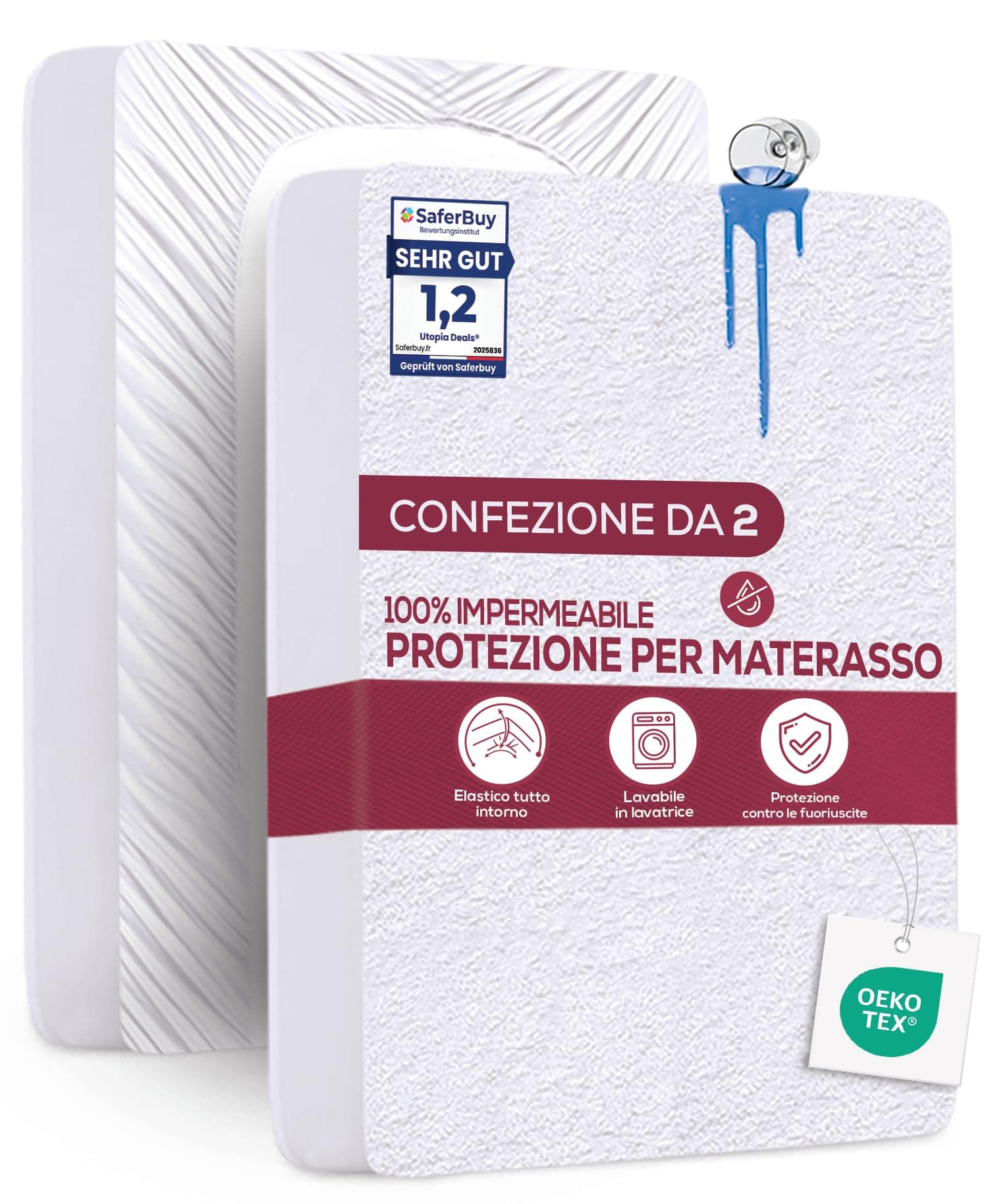 Utopia Bedding Coprimaterasso Matrimoniale Impermeabile 90 x 200 x 30 cm (Confezione da 2), Certificato OEKO-TEX, Proteggi Materasso, Traspirante, Lavabile, Stile Montato Tutto Intorno Elastico