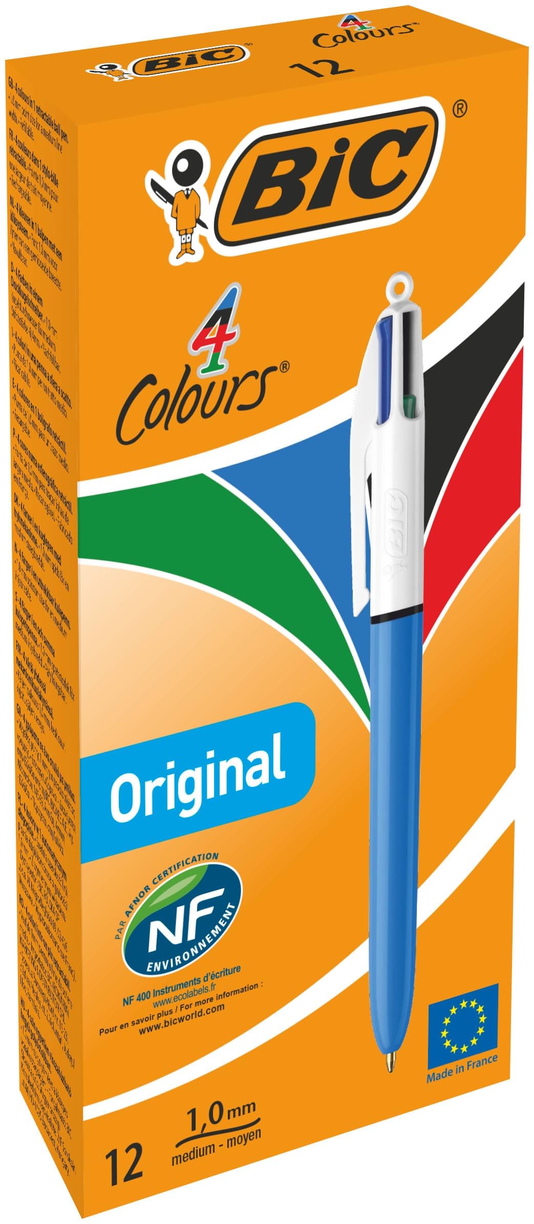 BIC 4 Couleurs Original - Stylos-Bille Rétractables Pointe Moyenne (1,0 mm) - Certifié NF Environnement - Boîte de 12