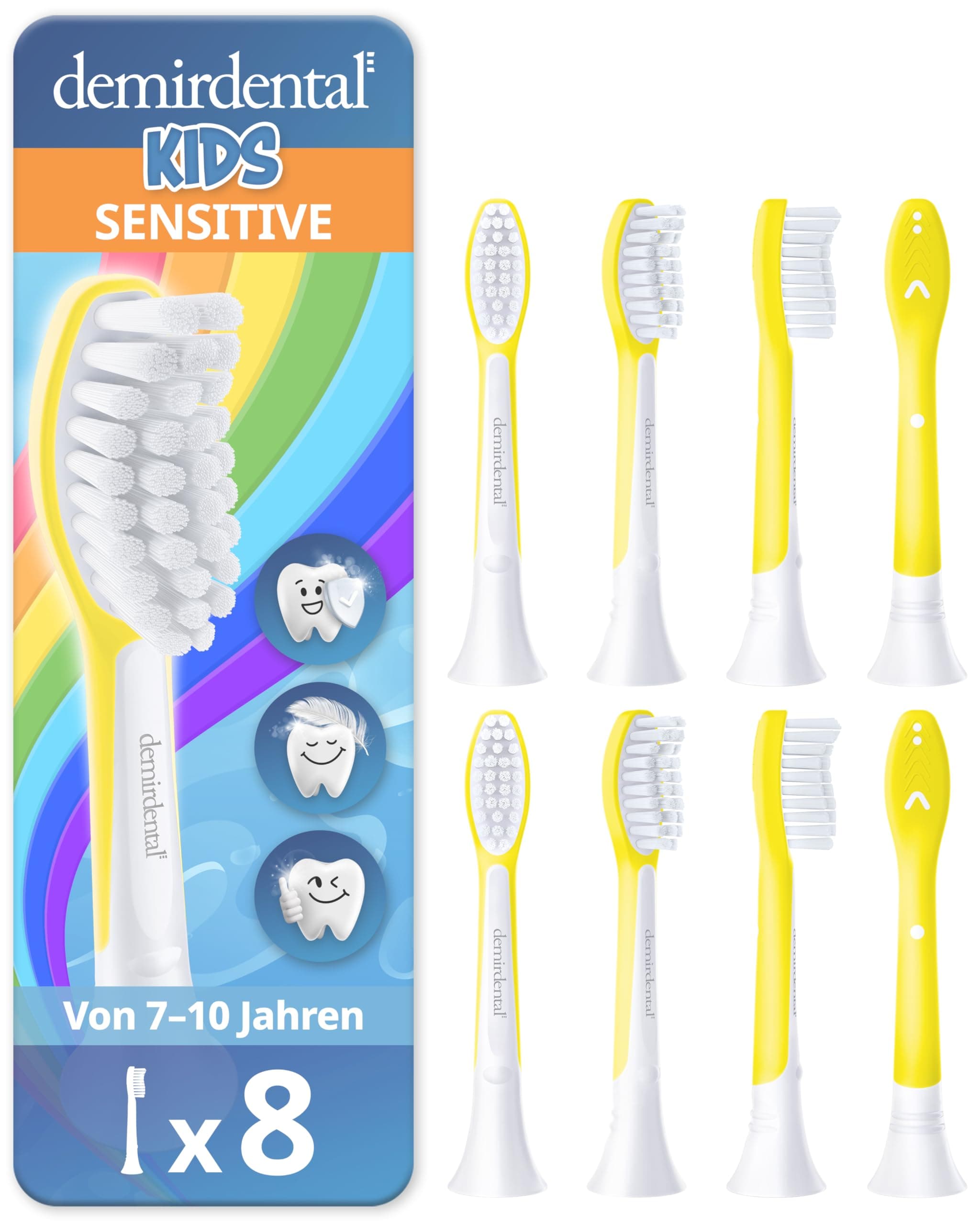 demirdental Ersatzbürsten for Kids passend für Philips Sonicare Kids, Kinder Schallzahnbürsten, Kinder Ersatzbürsten ab 7 Jahre, entspricht HX6048, Gelb, 8er Set