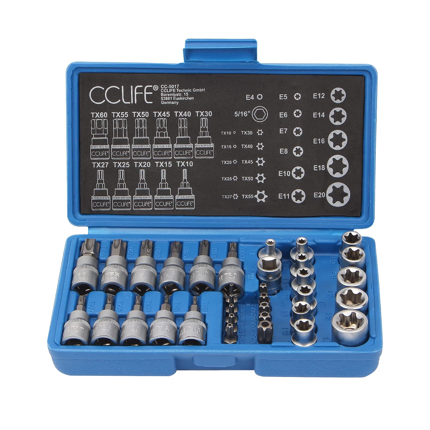 CCLIFE 34 Pièces Coffret douilles torx femelle 3/8" profil E4-E20, Embout torx étoilé profil T10-T60 en Acier S2, Adaptateur 3/8' à 5/16' CR-V Douille Etoile
