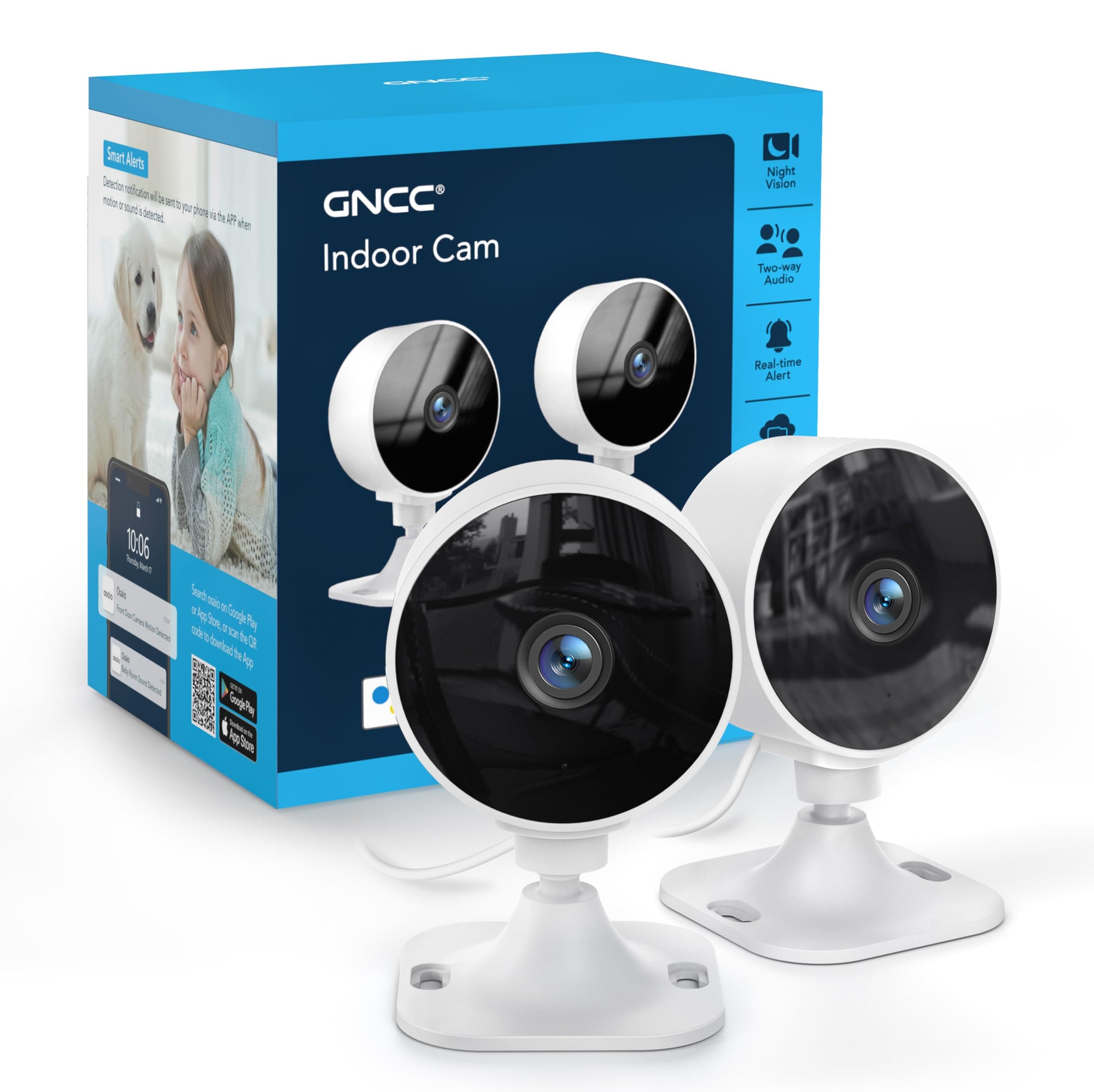 GNCC GC3 Pack 2 Camaras Vigilancia WiFi Interior Fijas 1080P, Monitor Bebés/Mascotas, Detección Humana, Fácil Instalación, Nube y Almacenamiento SD, Se Requiere Suscripción, 2.4GHz, Plug-in