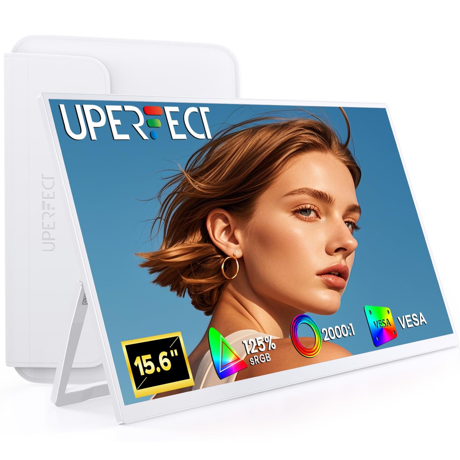 UPERFECT Pantalla Portátil 15.6" 125% sRGB Monitor Externo Blanca con Funda Blanca Premium, 2000:1 Contraste FHD 1080P HDR Eyecare, Monitor para Laptop Mac Mini PC Consolas de Videojuegos
