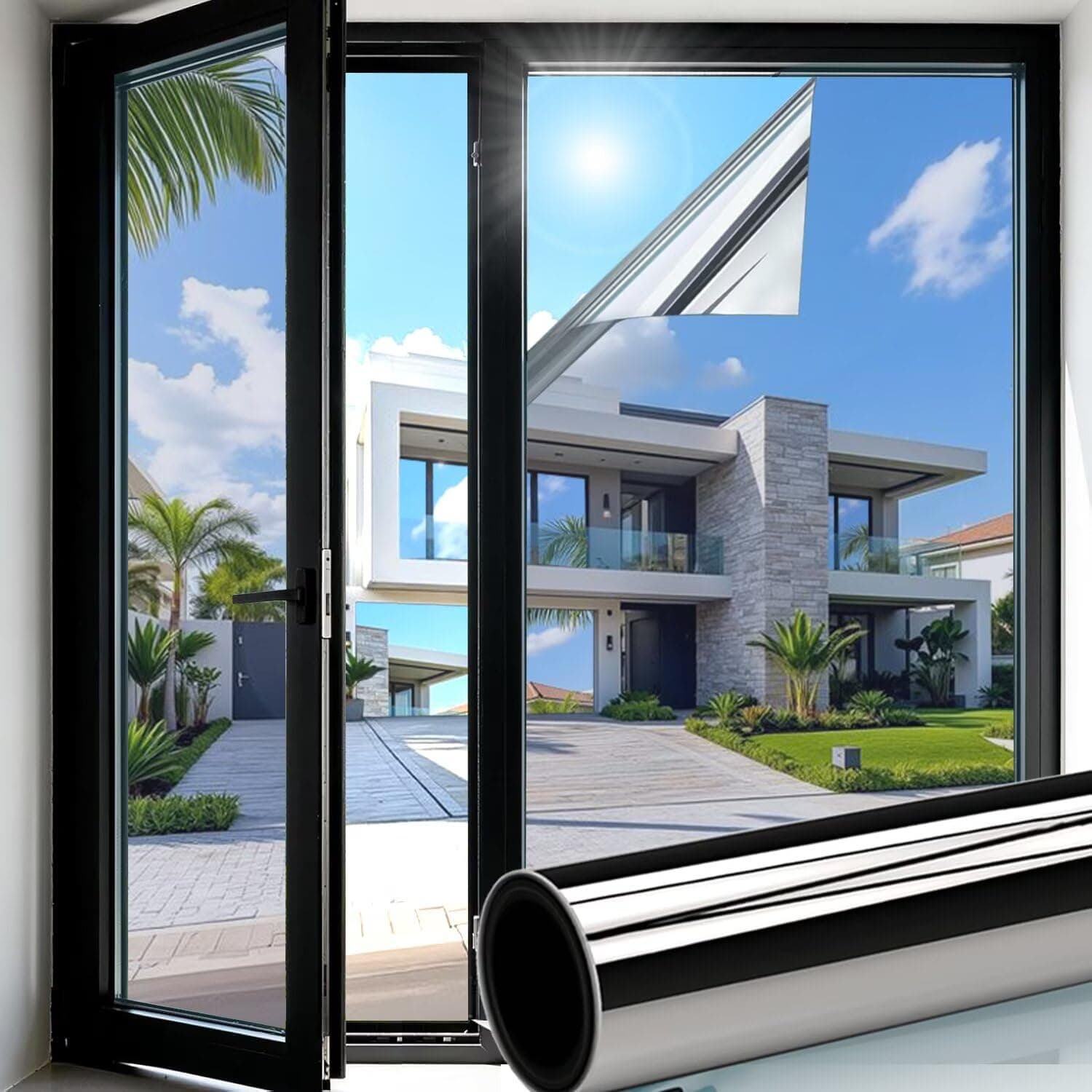 Folizent Film Fenêtre Anti Regard 90x400cm Film Miroir pour Fenetre Adhesif Effet Miroir sans Tain pour Vitre Brise Vue Fenetre Anti Chaleur Anti UV Protéger du Soleil, Argenté