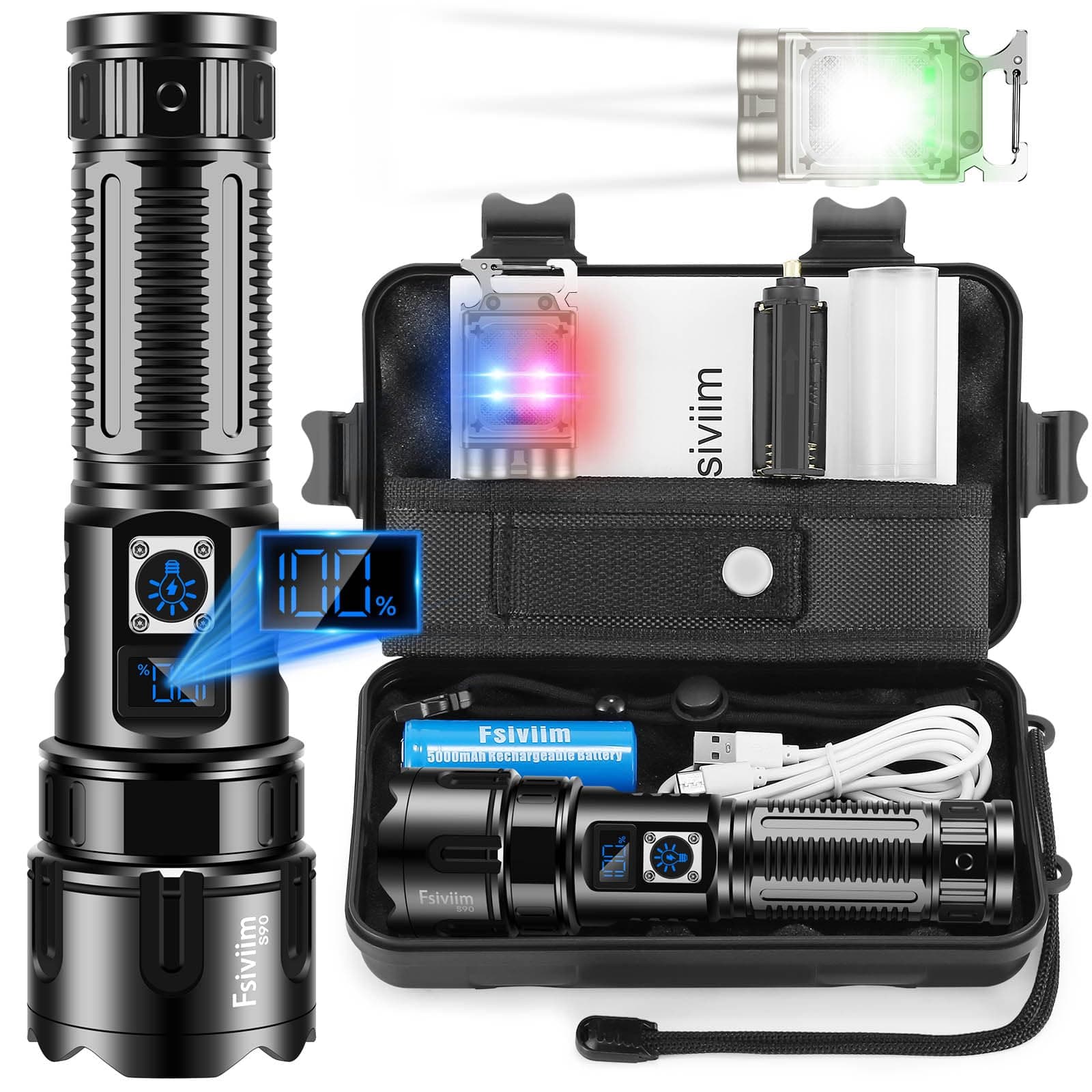Fsiviim Lampe Torche LED Ultra Puissante, 1000,000 Lumens Lampe Torche rechargeable, lampe torche tactique, longue portée, 5 Modes D'éclairage, Zoomable, Pour Camping