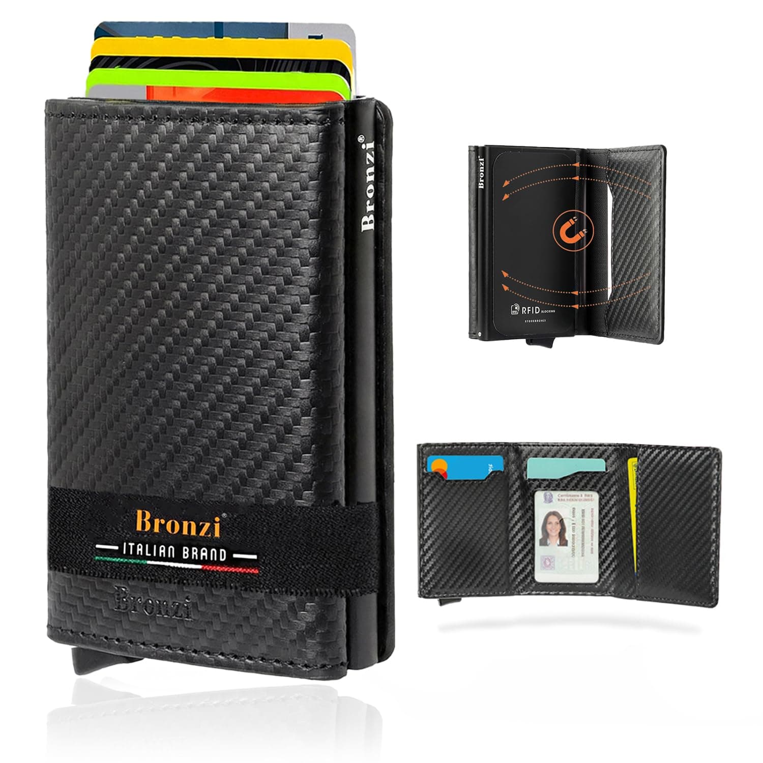 Bronzi® Portafoglio Uomo Slim Piccolo | Portacarte Uomo Donna Portatessere Porta Carte Di Credito | Portafogli Mini Protezione RFID con Portamonete | Box Regalo - Brand Italiano [Aggiornato 2026]