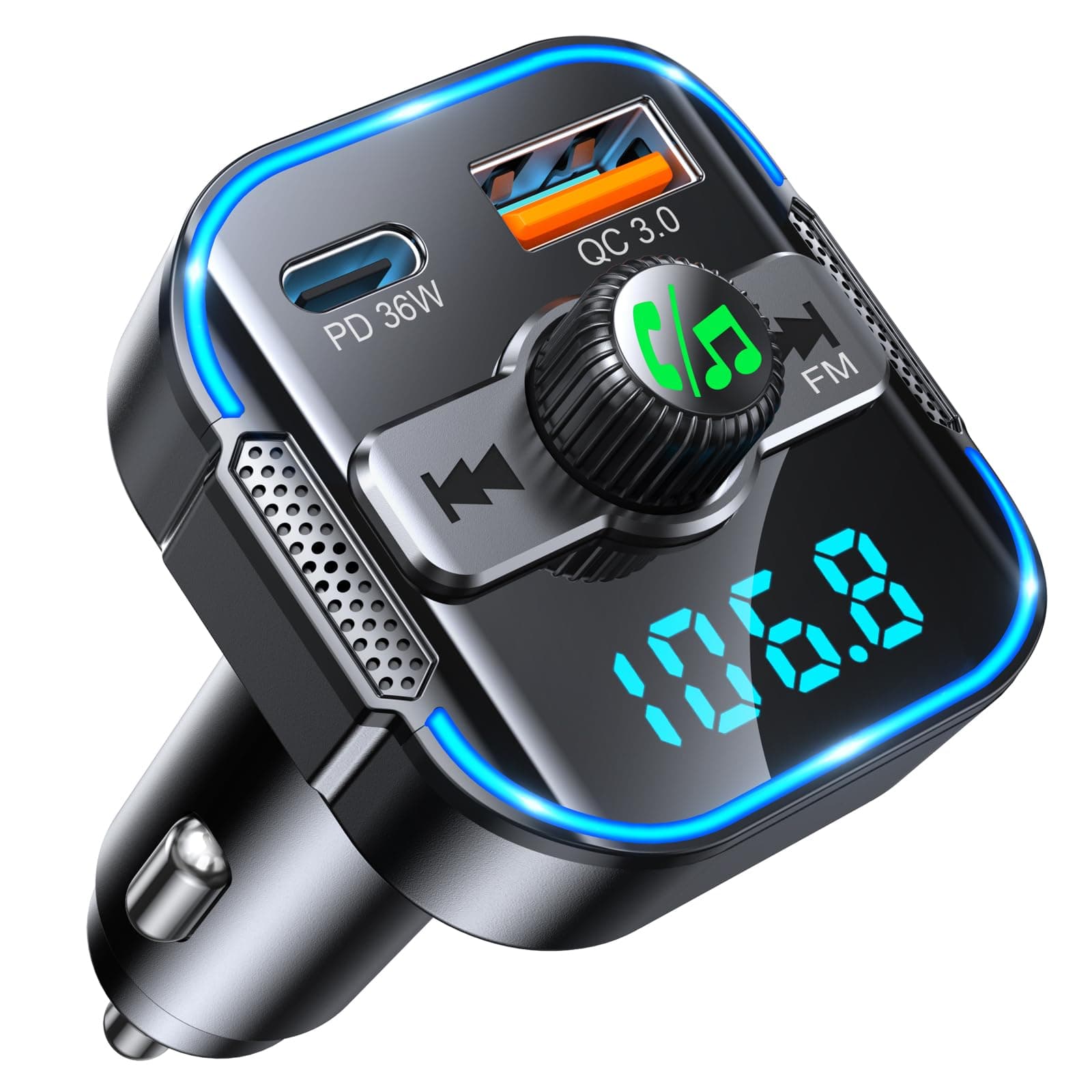 Glangeh Trasmettitore FM Bluetooth 5.3 per Auto [Ricarica Rapida PD 36W+QC3.0 18W], 2026 Upgrated Adattatore Bluetooth Auto Audio Radio con Doppi Microfoni, Car Kit Chiamata Vivavoce, Supporta Siri