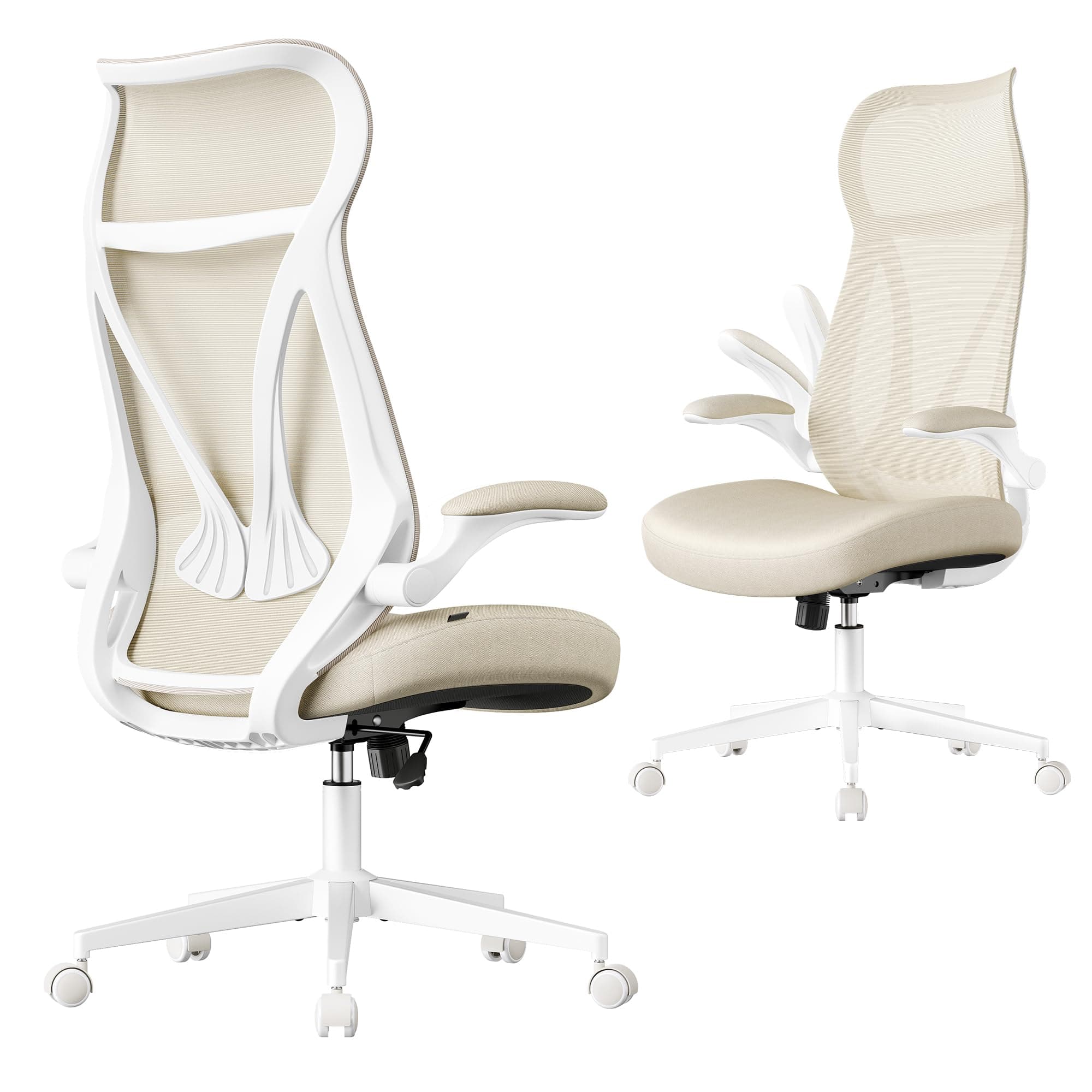 SONGMICS Sedia da Ufficio, Sedia da Scrivania, Schienale Ergonomico, Altezza Regolabile, Braccioli Ribaltabili, Poltrona Girevole con Poggiatesta, Portata 150 kg, Beige Cappuccino OBN088K01