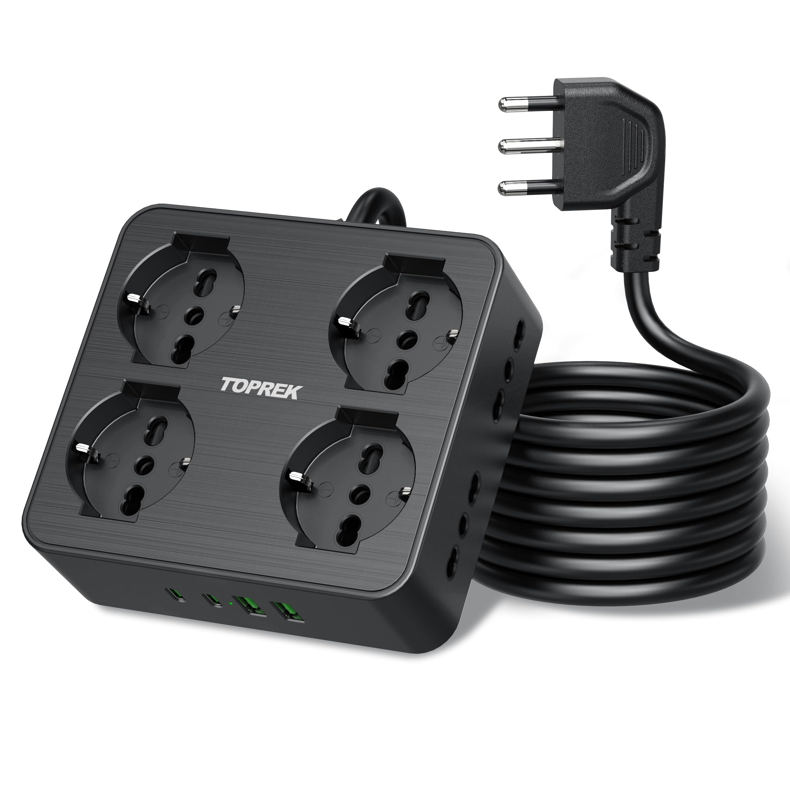 TOPREK Ciabatta Multipresa Elettrica con 8 Prese Universali ITA 10/16A e Schuko, 2 Metri Prolunga Elettrica e 2 USB C(20W PD3.0 Ricarica Rapida) e 2 USB A con Interruttore, 16A Spina Gomito 90°, 4000W