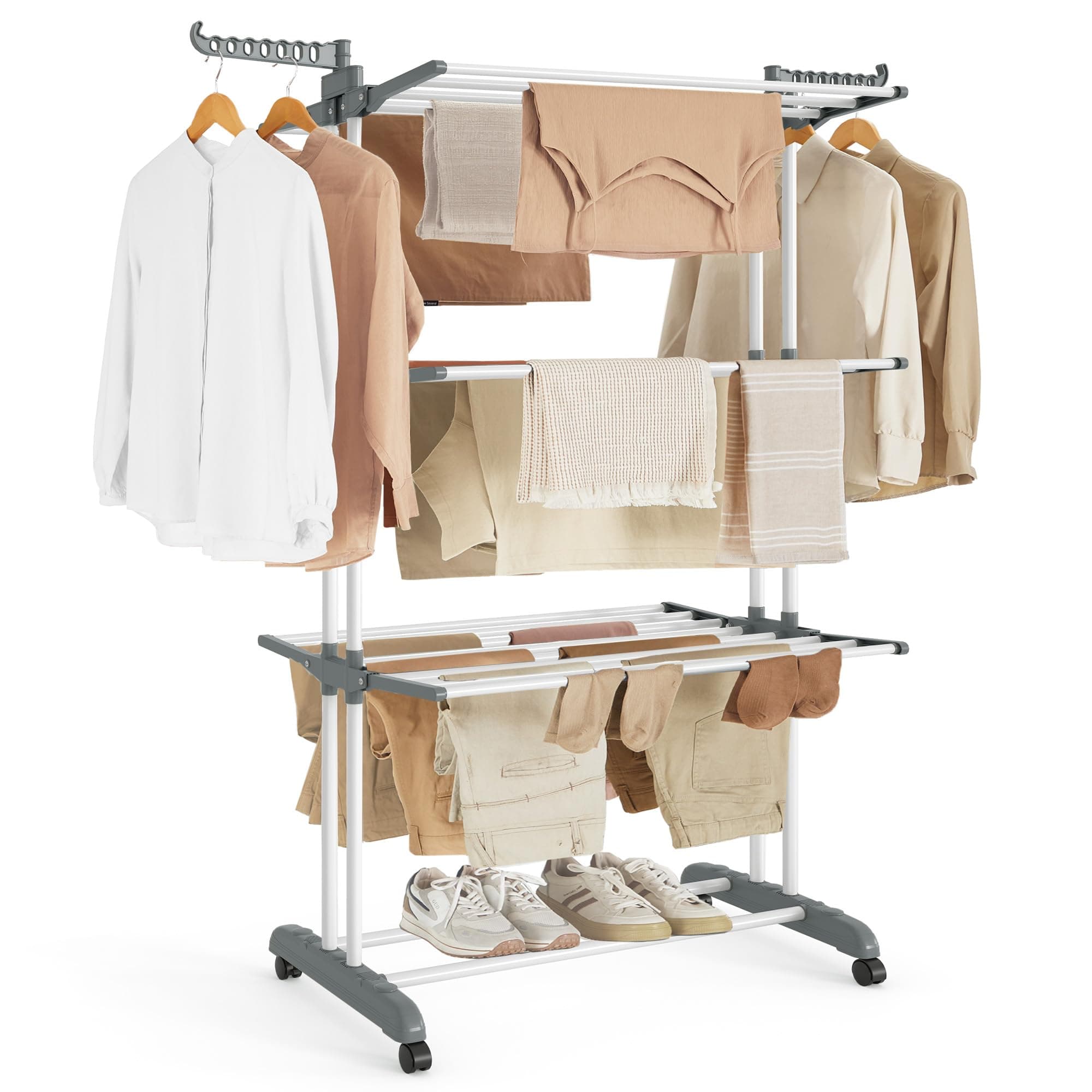 SONGMICS Stendibiancheria, Stendino Pieghevole a 4 Livelli, con Ruote e Ali Richiudibili, 63,5 x 128 x 173 cm, Capiente, Uso Interno ed Esterno, Bianco LLR701W01