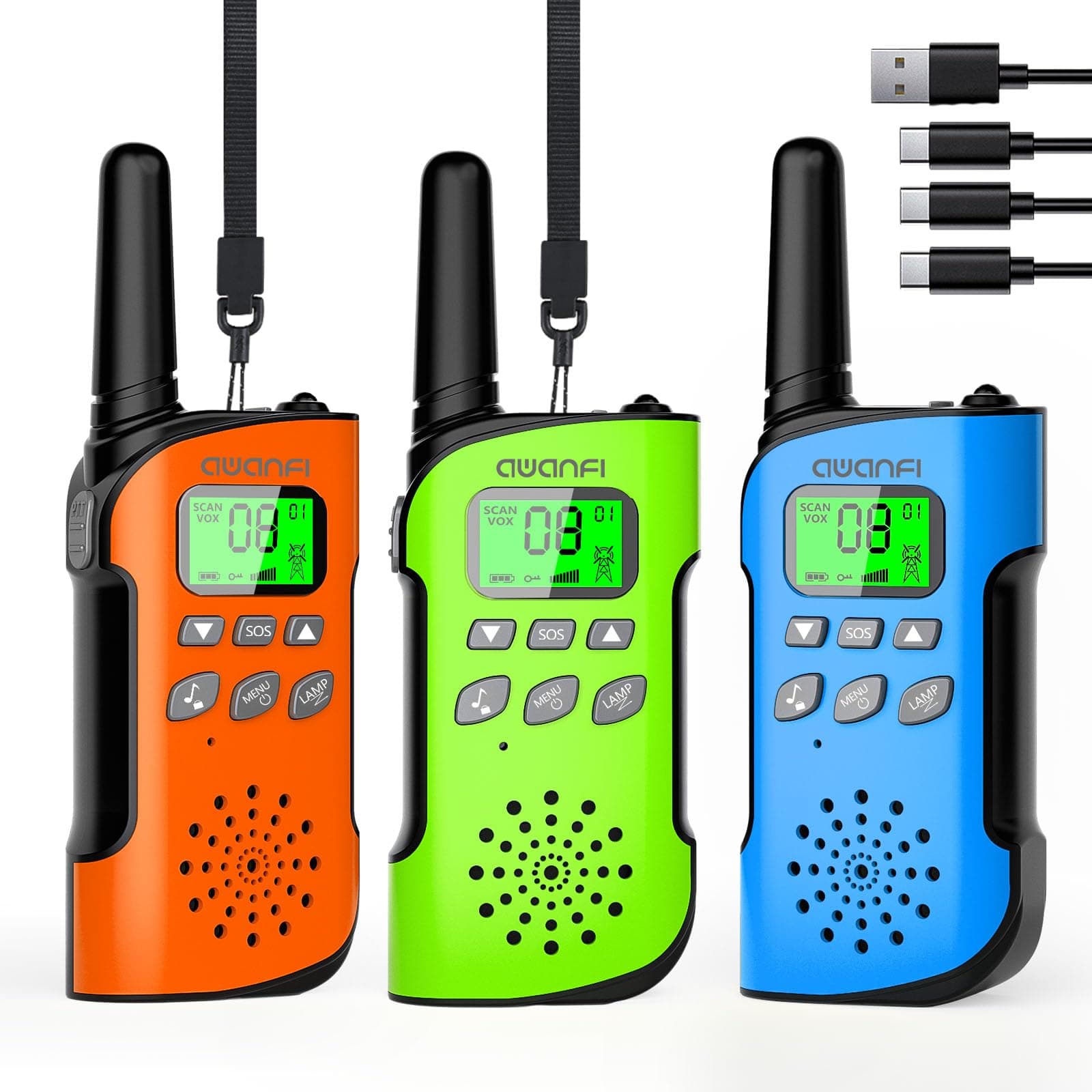 AWANFI Walkie Talkie para Niños, 3 Piezas, Walkie Talkie Recargable con Batería Li-Ion, 3KM de Larga Alcance, Walkie-Talkies para Acampar Aventuras, Regalos para Niños de 3 a 12 Años