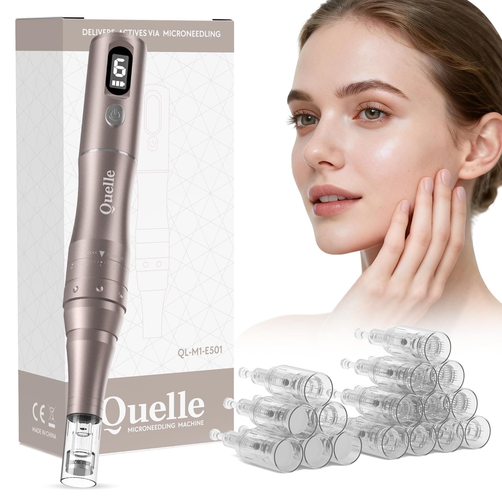 QUELLE Dermapen Profesional Kit Completo - Eléctrico Microneedling Pen con Pantalla LED, 6 Niveles de Velocidad y 16 Cartuchos de Repuesto para Dermapen Facial y Cuidado de la Piel