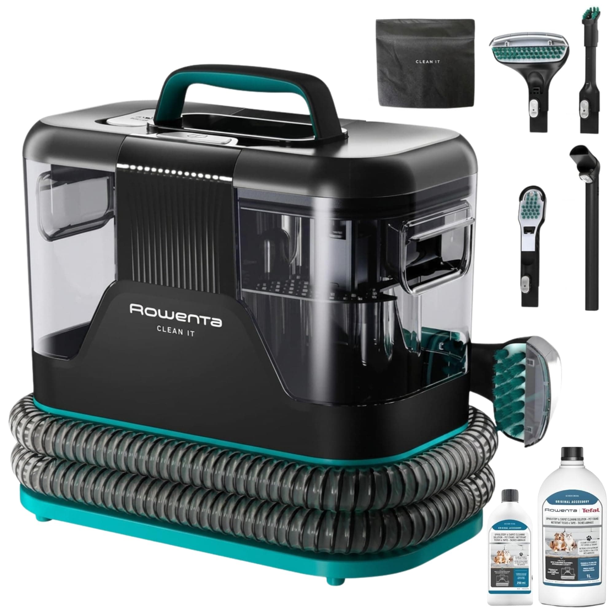 Rowenta Clean It, Aspirador de tapicerías + 2 botellas de solución de limpieza para mascotas (250ml + 1L), Limpieza rápida de derrames y manchas, Suciedad de Mascotas, Potencia de 750W, IN5020F0MAN