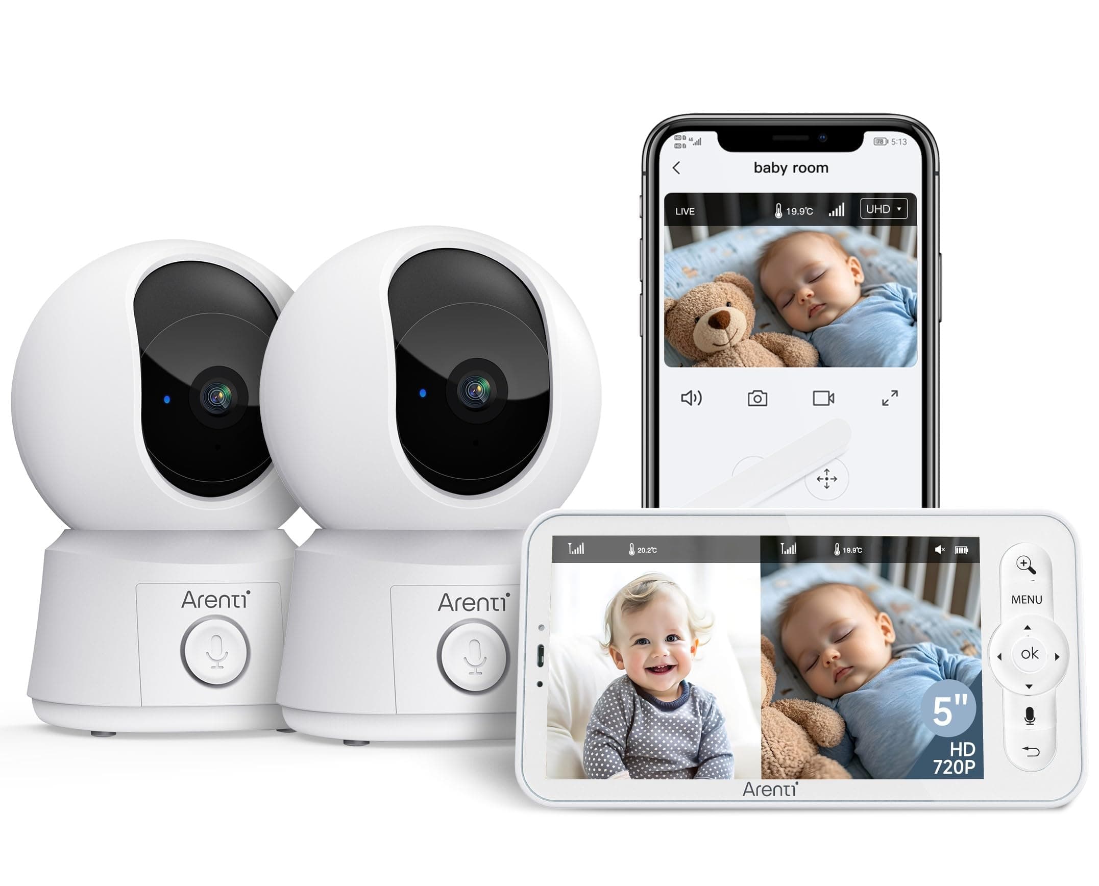 ARENTI Vigilabebes con 2 Camaras 1080P con Pantalla de 5'', Camara Vigilancia Bebe 355° PTZ, Voz Bidireccional, Detección de Movimiento y Sonido, Visión Nocturna, Sensor Temperatura, Modo VOX