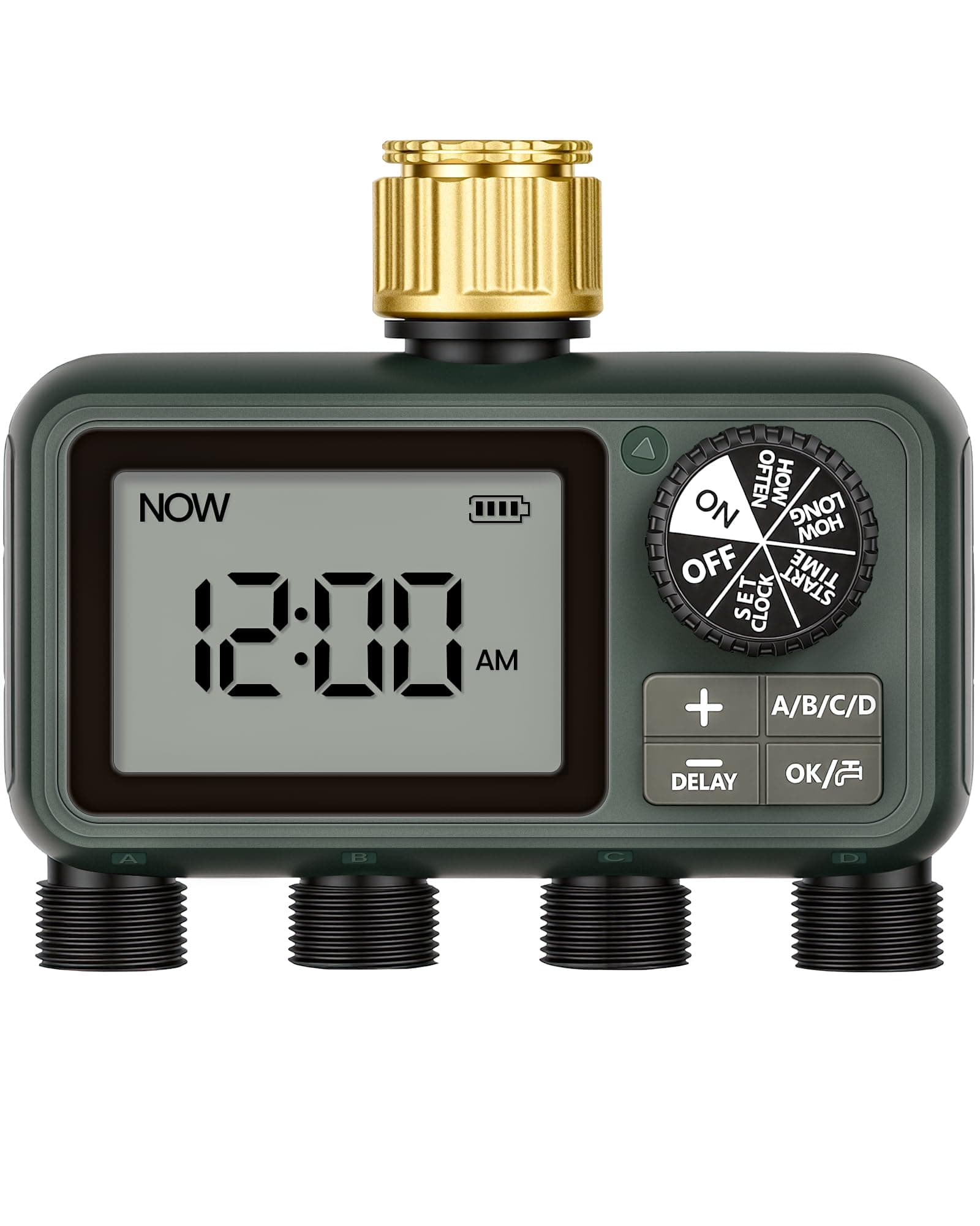 WILAWELS Programador de Riego de 4 Válvulas, Ordenador de Riego Automático, Temporizador para Grifo de Manguera de Jardín, Función de Retraso por Lluvia, Patio y Césped, Verde Oscuro