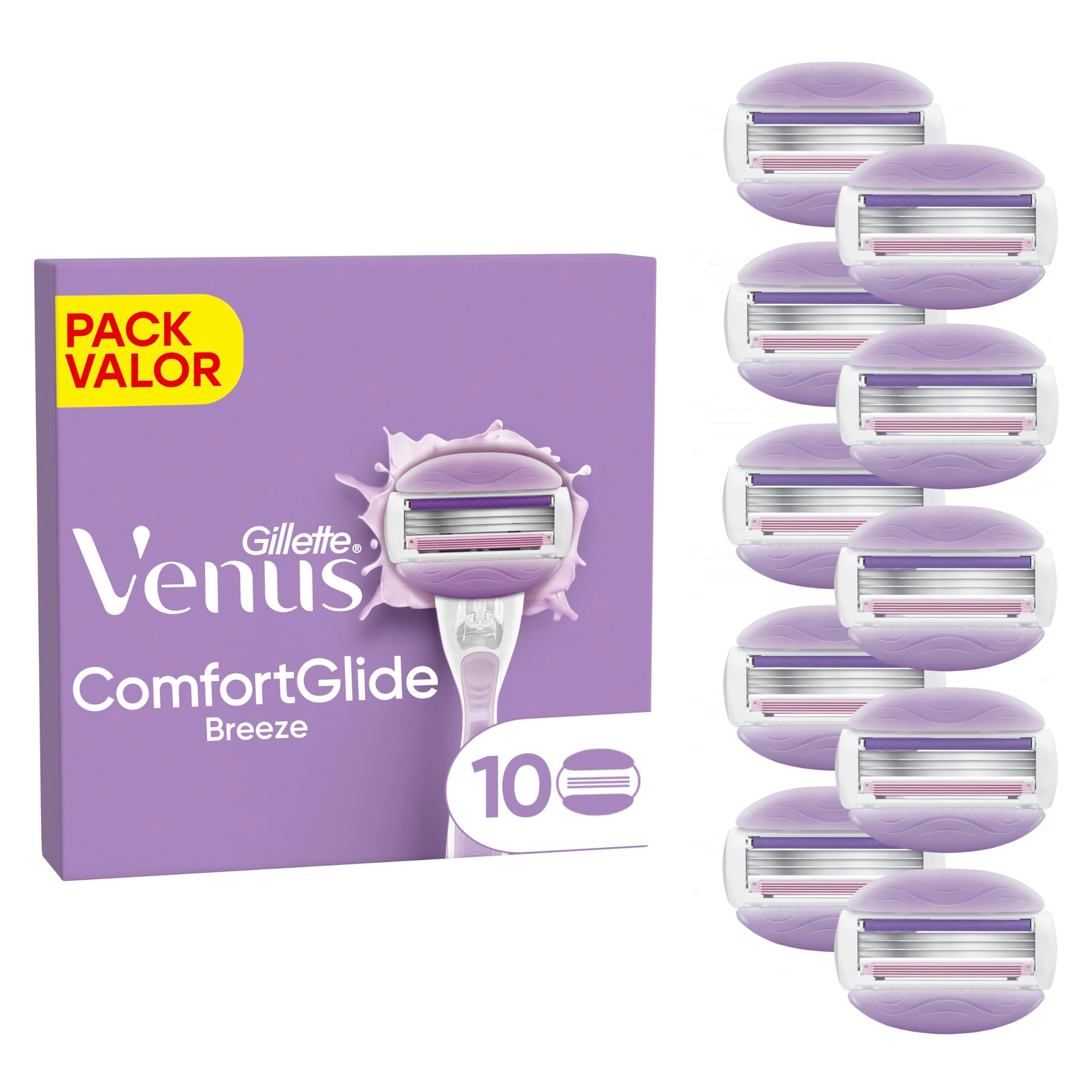 Gillette Venus Comfortglide Breeze, Recambios para Maquinilla de Afeitar para Mujer, Pack de 10 Cuchillas de Recambio con 3 Hojas para Una Depilación Suave, Apurada Y Duradera
