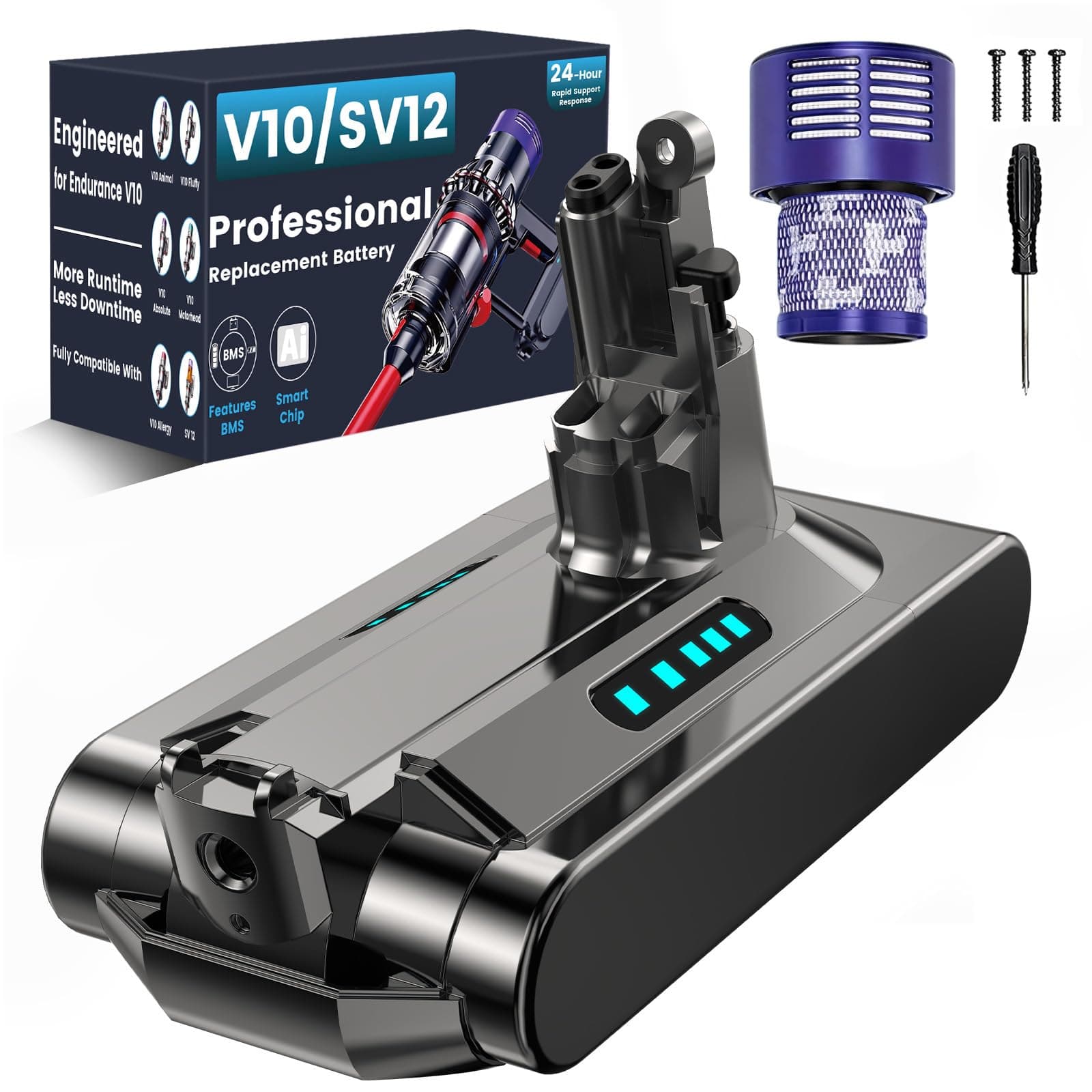 Batterie de Remplacement Compatible avec Dyson V10 SV12, Ecovoltix Batterie pour Dyson V10 Animal, Absolute, Motorhead, Fluffy Aspirateur sans Fil, Aspirateur à Main avec Filtre