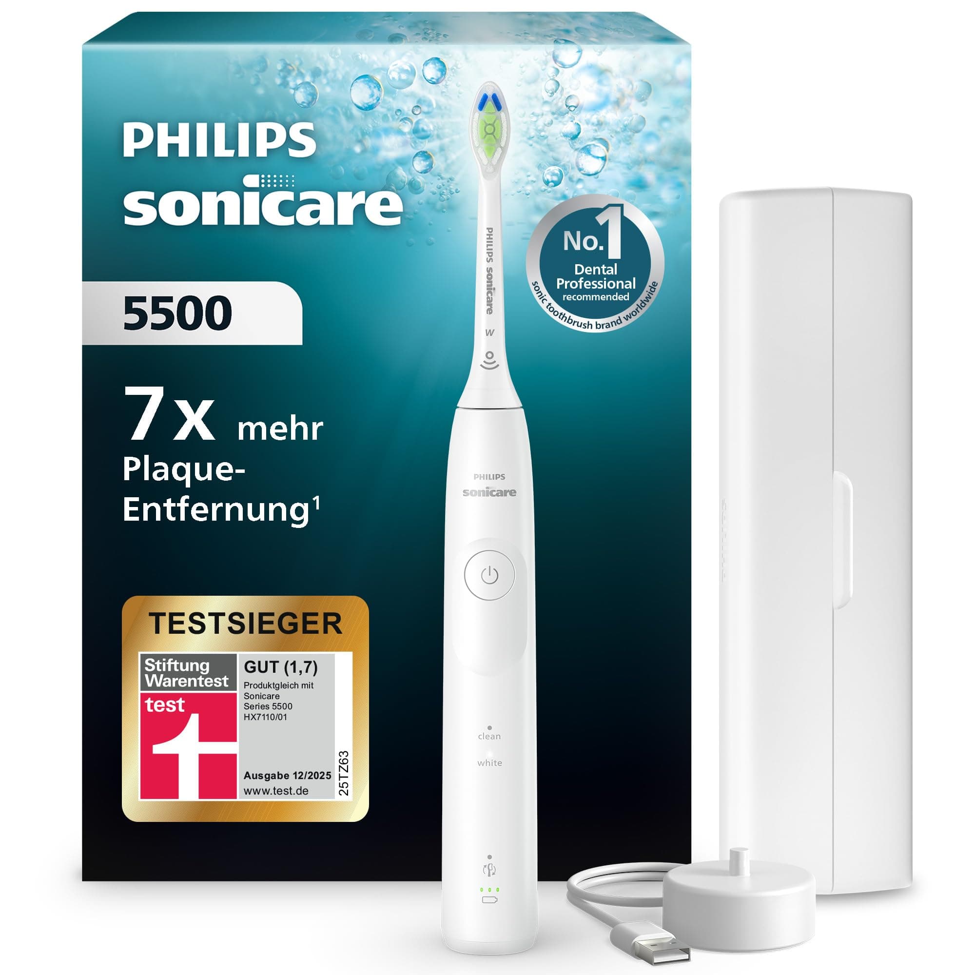 Philips Sonicare 5500 elektrische Zahnbürste, Schallzahnbürste mit 2 Putzmodi, Andruckkontrolle, EasyStart, SmarTimer und BrushPacer, Weiß, Modell HX7110/02 [Neue Technologie]