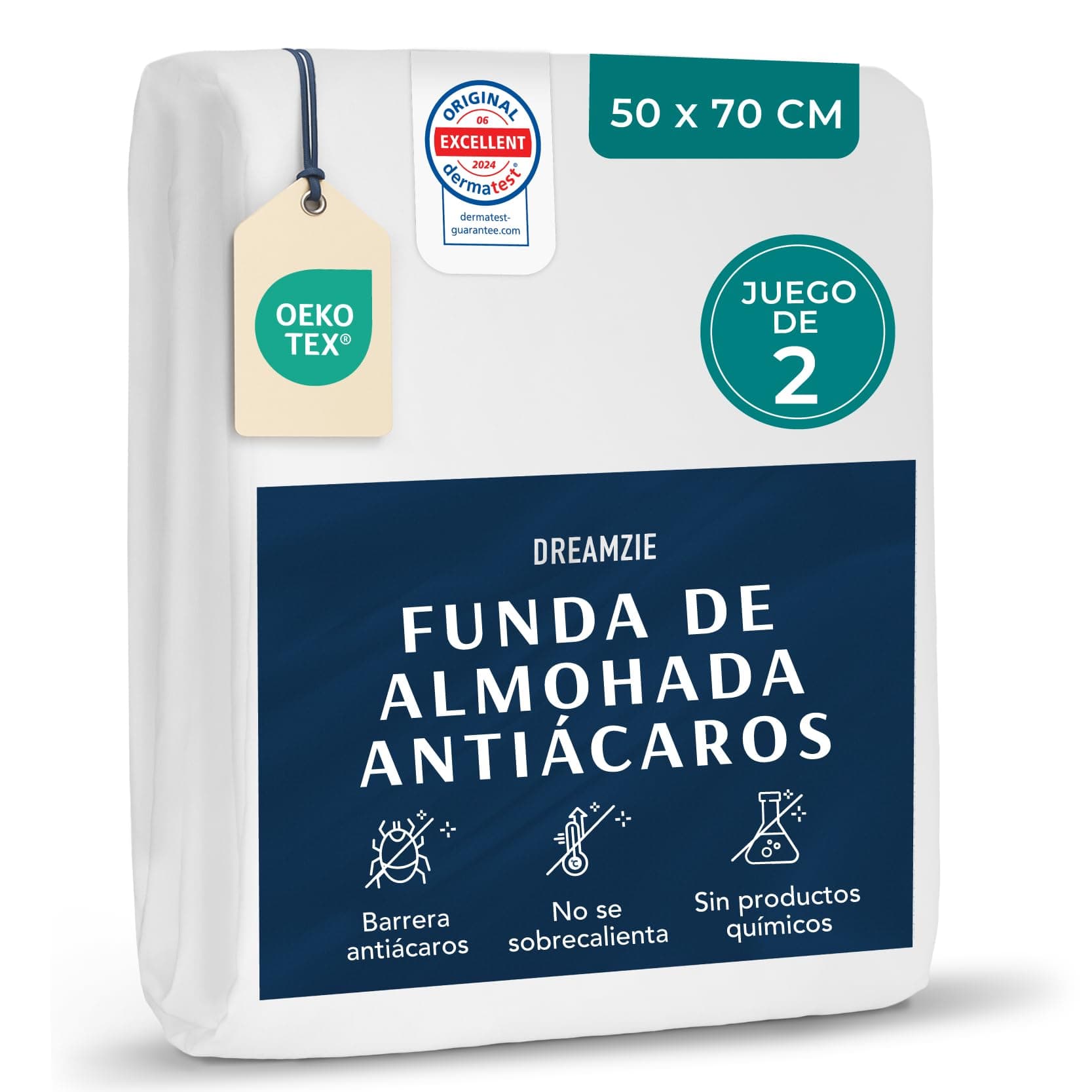 Dreamzie - Juego de 2 Funda de Almohada Antiacaros - Protector Almohada 50x70 cm - Funda Antiacaros Transpirables y Lavables a 95°C