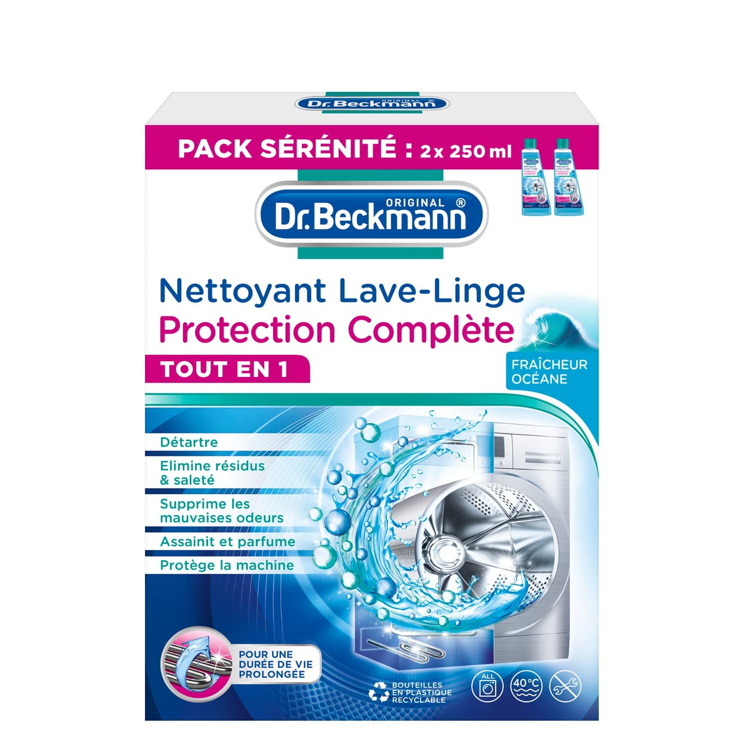 Dr. Beckmann - Nettoyant Lave-Linge Protection Complète - Nettoyant Machine à Laver - Elimine Tartre, Résidus & Saleté - Supprime Les Mauvaises Odeurs & Protège Votre Machine - 2x250ml