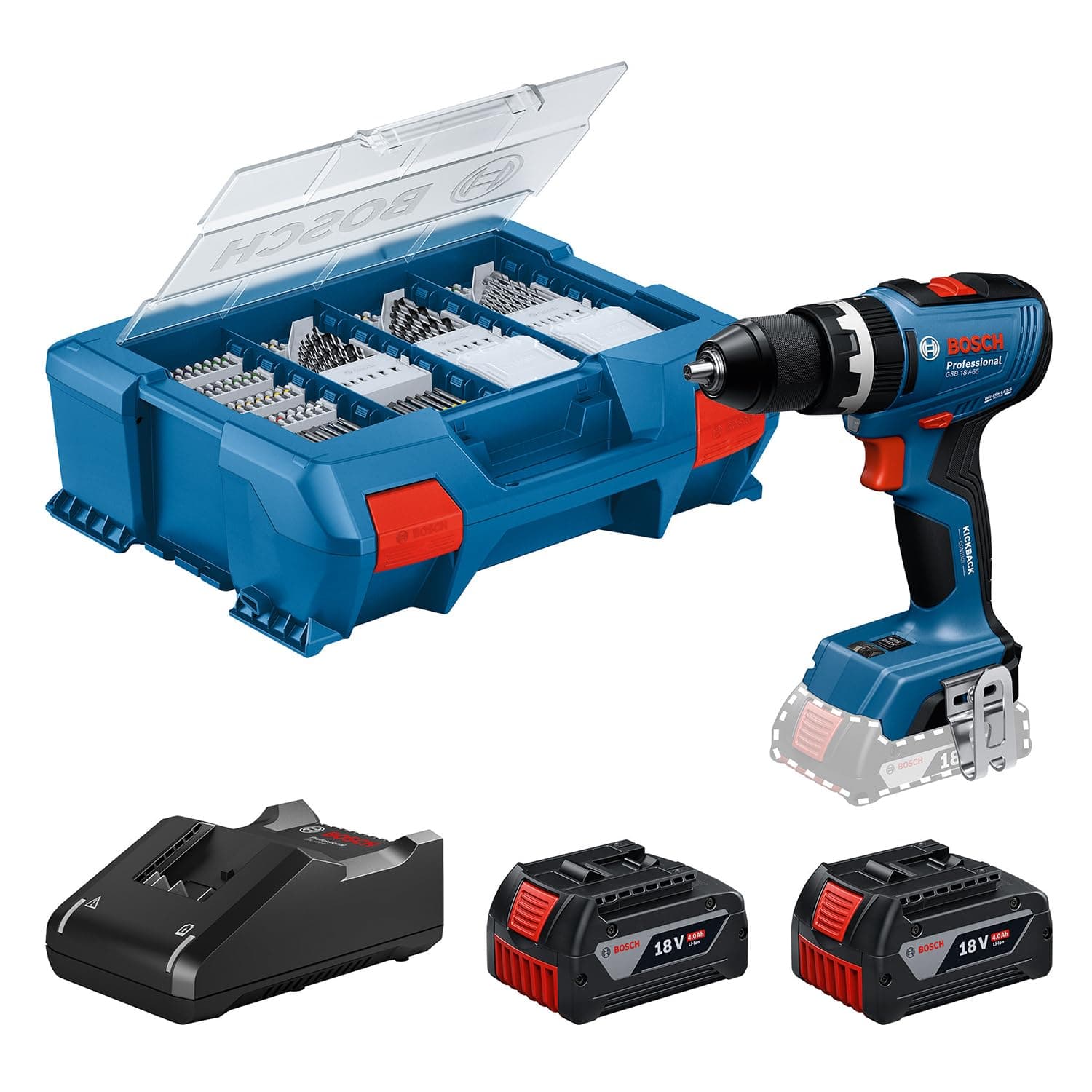 Bosch PRO Akku-Schlagbohrschrauber GSB 18V-65 | Der kompakte und robuste Schlagbohrschrauber für schwierige Schraubanwendungen GSB 18V-65 (2x4,0Ah, 82AC, LC)