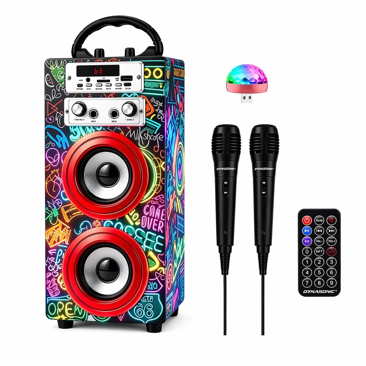 Dynasonic Karaoke Altavoz Bluetooth Portatil, 2 Micrófonos, USB/SD/AUX, Luces LED, Batería Recargable. Regalo para niños, comunión, cumpleaños y Fiestas