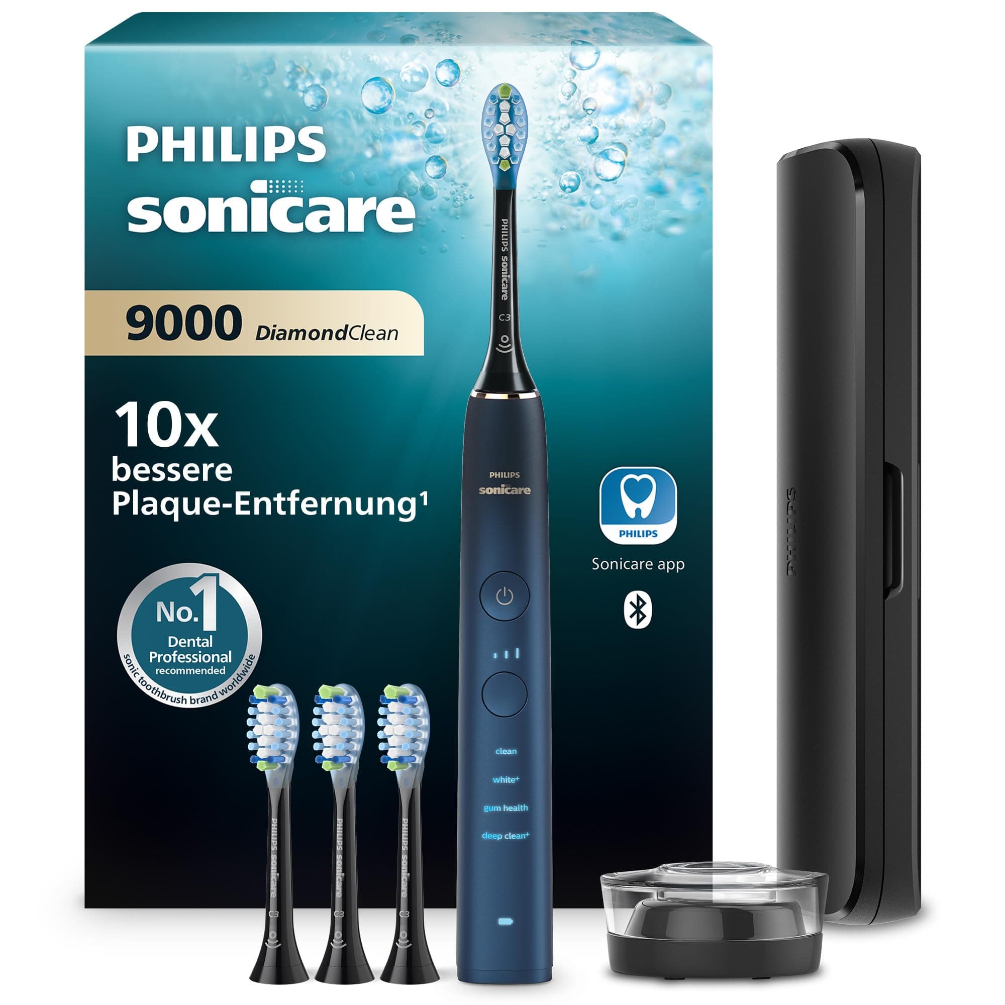 Philips Sonicare DiamondClean elektrische Zahnbürste der 9000er Serie – Schallzahnbürste, sauberere Zähne und Mundpflege mit 4x C3 Premium Plaque Defense-Bürstenköpfen, Aquamarine (Modell HX9911/89)