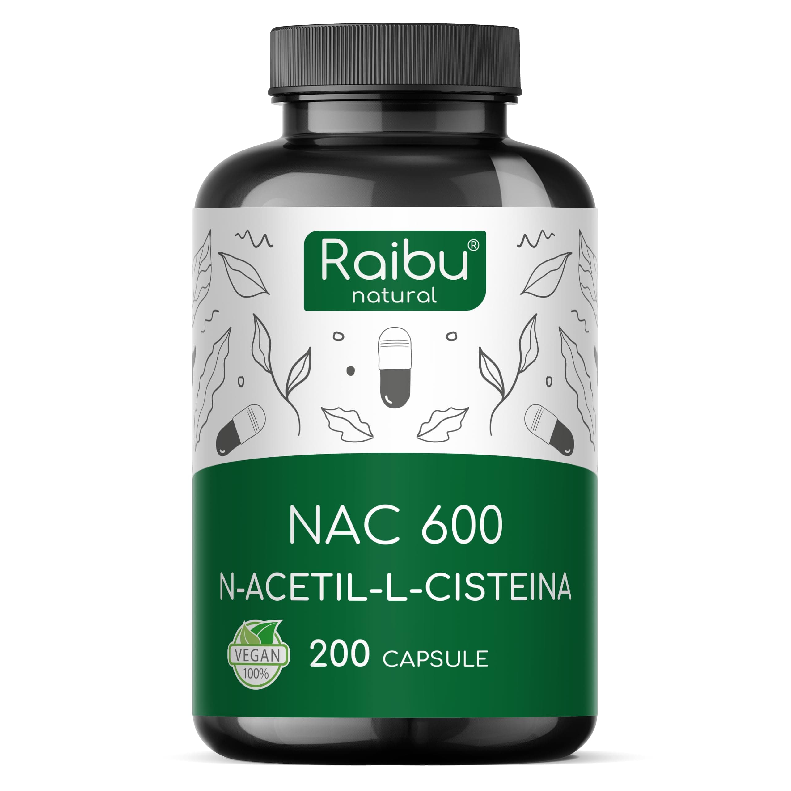 NAC N-Acetil-Cisteina 600mg - 200 capsule - 100% NATURALE - Vegano e senza additivi - Altamente dosato - Qualità Premium - Prodotte da Raibu
