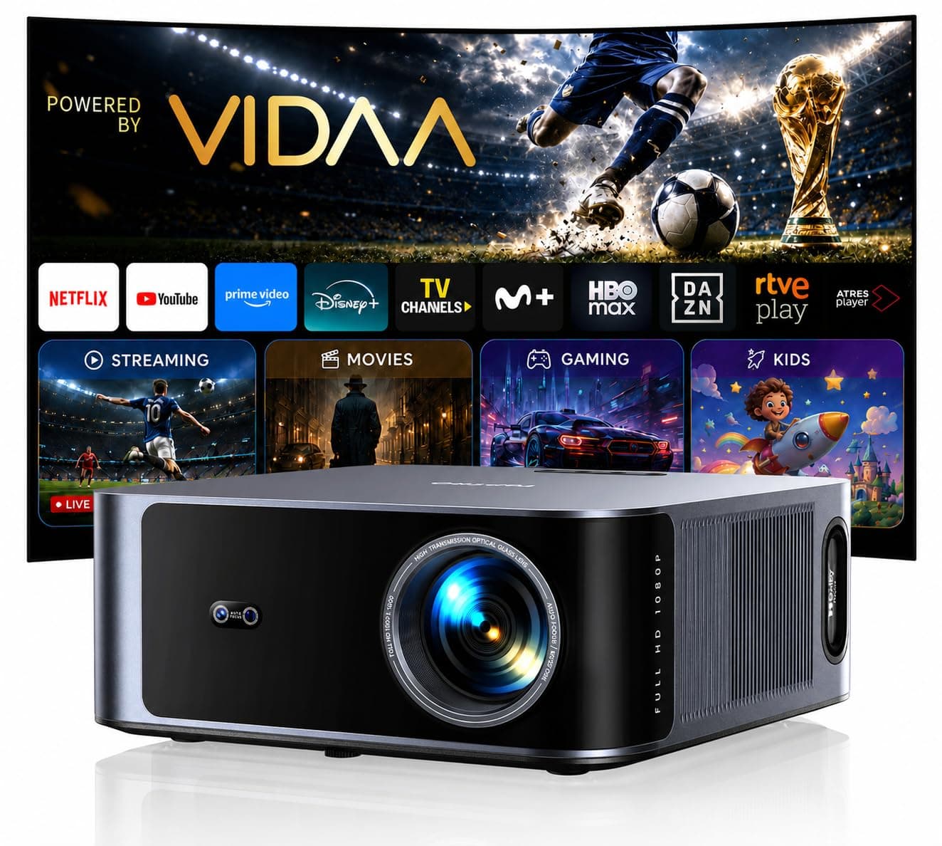 Proyector 4K【Alto Brillo 2000ANSI/VIDAA SO más rápido/40W Dolby Audio】Proyector Netflix Incluido TV en Directo, FHD1080P, HDR10, Auto Focus/Keystone, Control por Voz, BT5.4, para Exterior/Cine en Casa