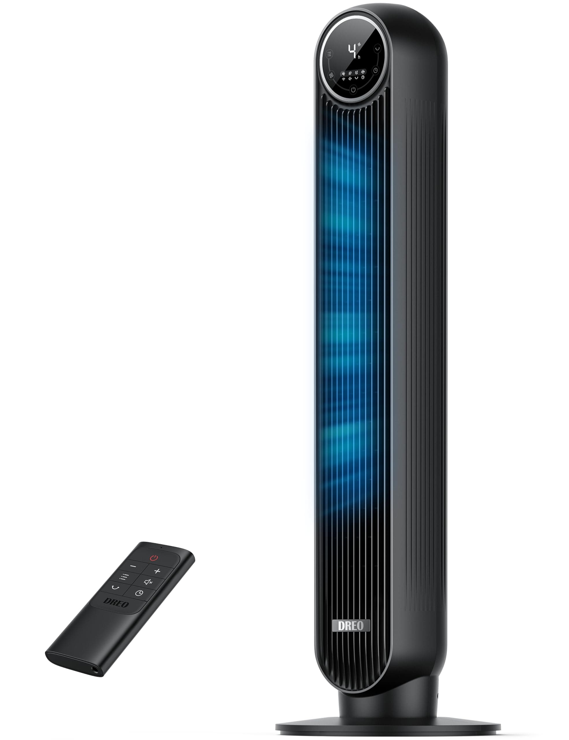 DREO 20dB Ventilatore a Torre Silenzioso, Potente 7.6 m/s, Ventilatori a Colonna con Telecomando, 4 Modalità, 4 Velocità, Oscillazione a 90°, Timer da 1 a 8 ore, Schermo LED, per la Camera da Letto