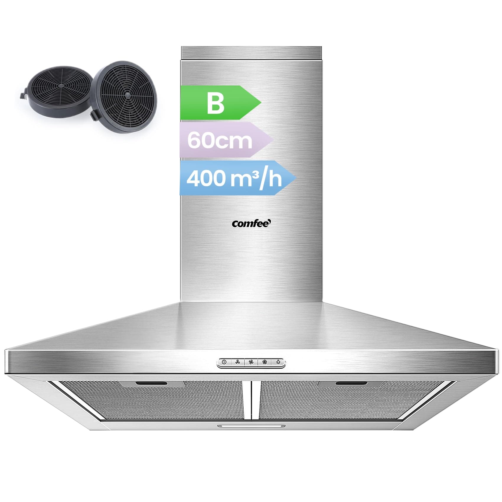 COMFEE' Cappa Aspirante 60 cm PYRA17SS-60 Acciaio Inossidabile Cappa Cucina con LED, Sistema di Ricircolo e Canalizzazione e Filtri a Carbone