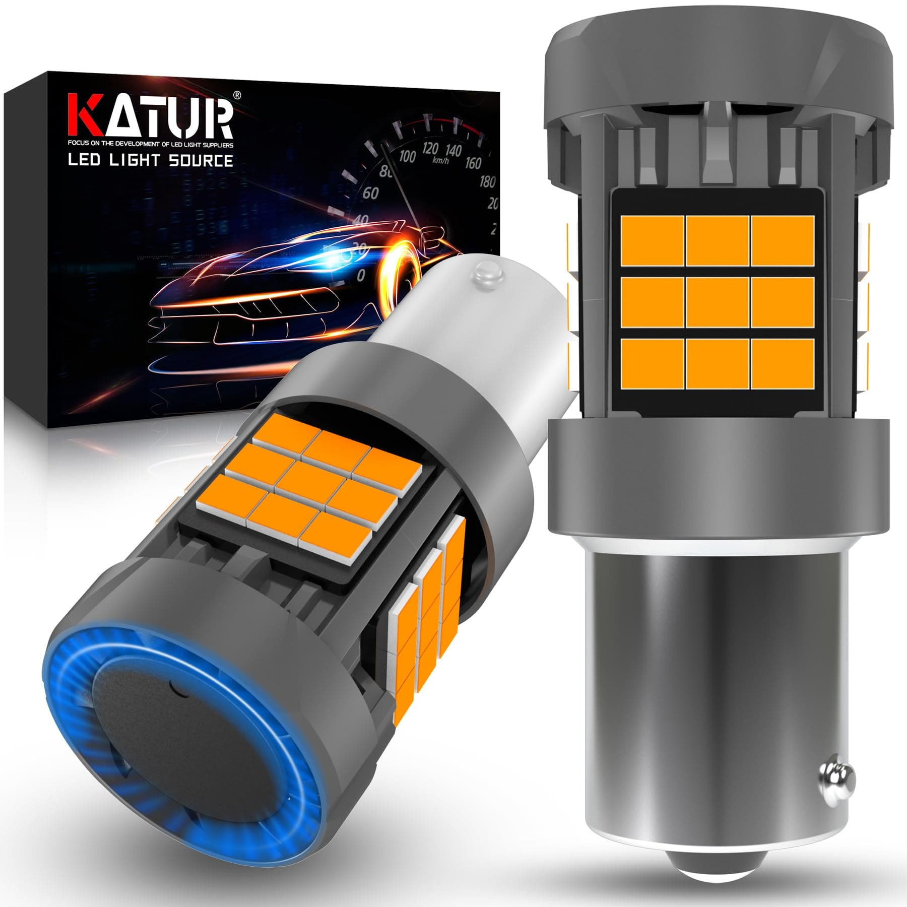 KATUR Bombilla 1156 BAU15S LED, Canbus 500% Brillo 3000LM Ámbar Amarillo con Ventilador 7507 PY21W LED Luces Intermitentes, 2PCS