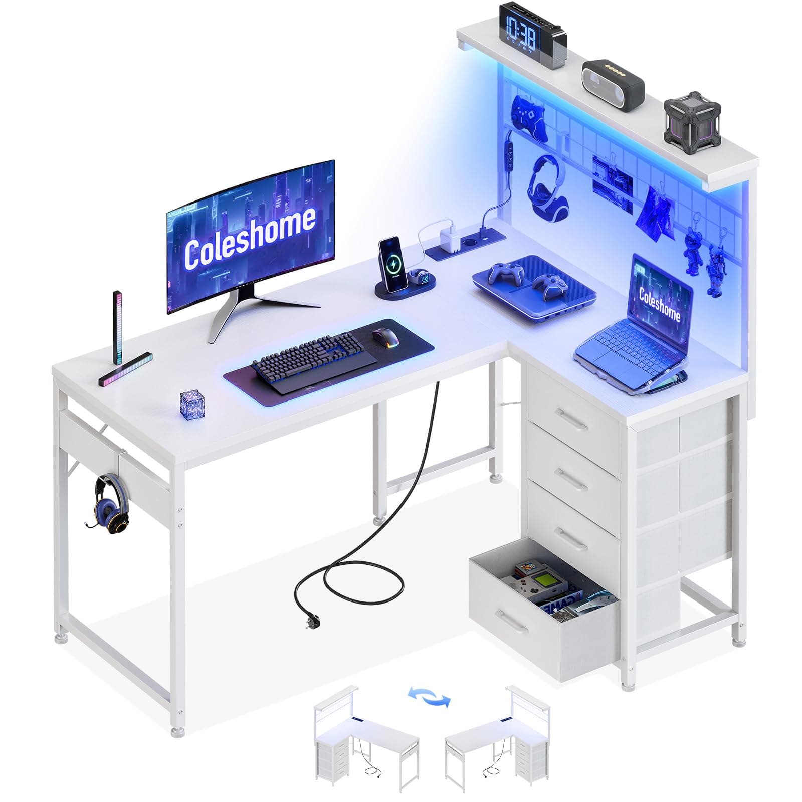 Coleshome Escritorio Gaming con LED, 110x80cm Mesa Gaming con 4 Cajones y Tomas de Corriente, Escritorio Esquinero Reversible con Estantes y Espacio de Almacenamiento, Blanco