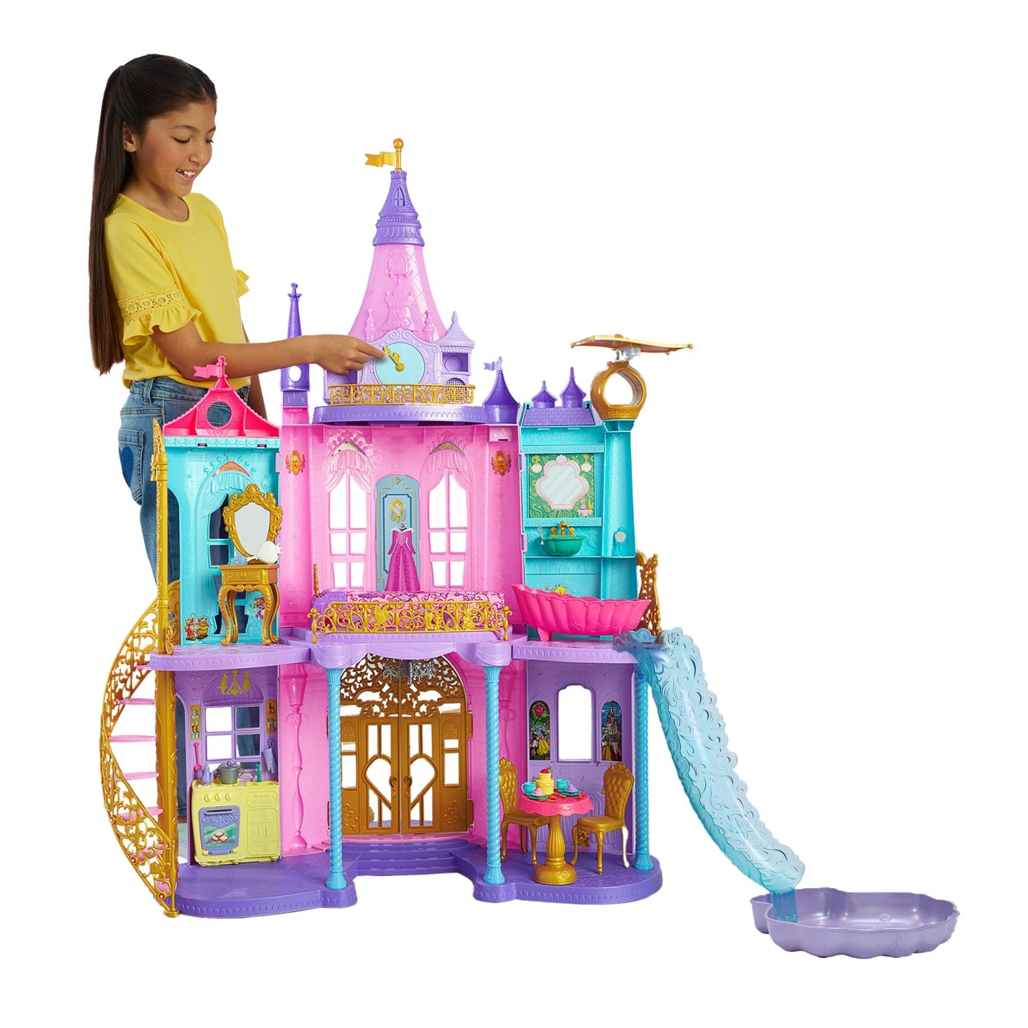 Mattel Disney Princess Castillo aventuras reales Casa de muñecas para princesas con dos pisos, muebles y accesorios, con luces y sonidos, juguete +3 años (HLW29)