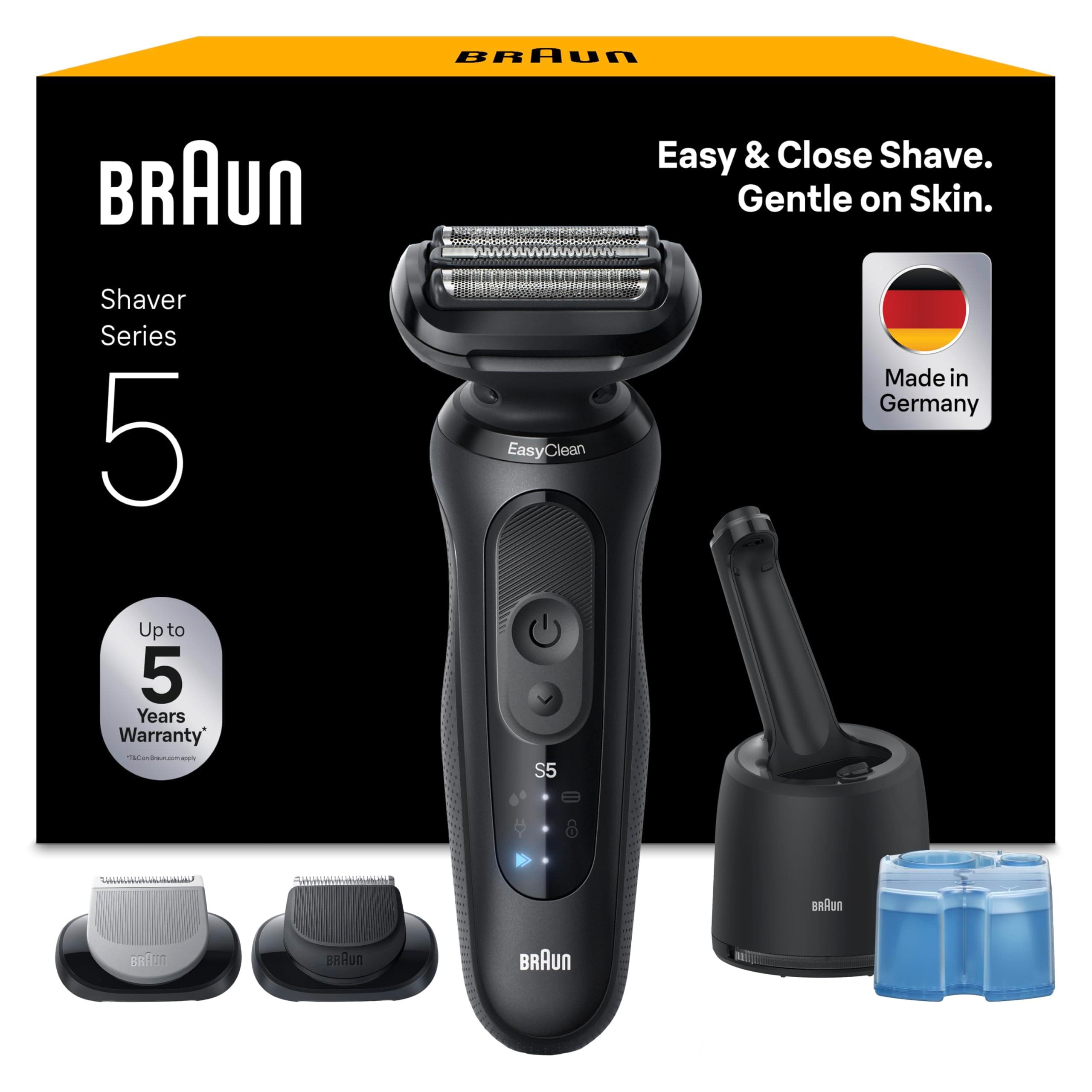 Braun Rasoir Electrique Homme Series 5 52-N7650CC Noir, Etanche, Lames Flexibles Pour Raser Doucement Le Visage, 2 Modes De Rasage, Tondeuse A Barbe Et Pour Le Corps, Coffret, Station De Nettoyage