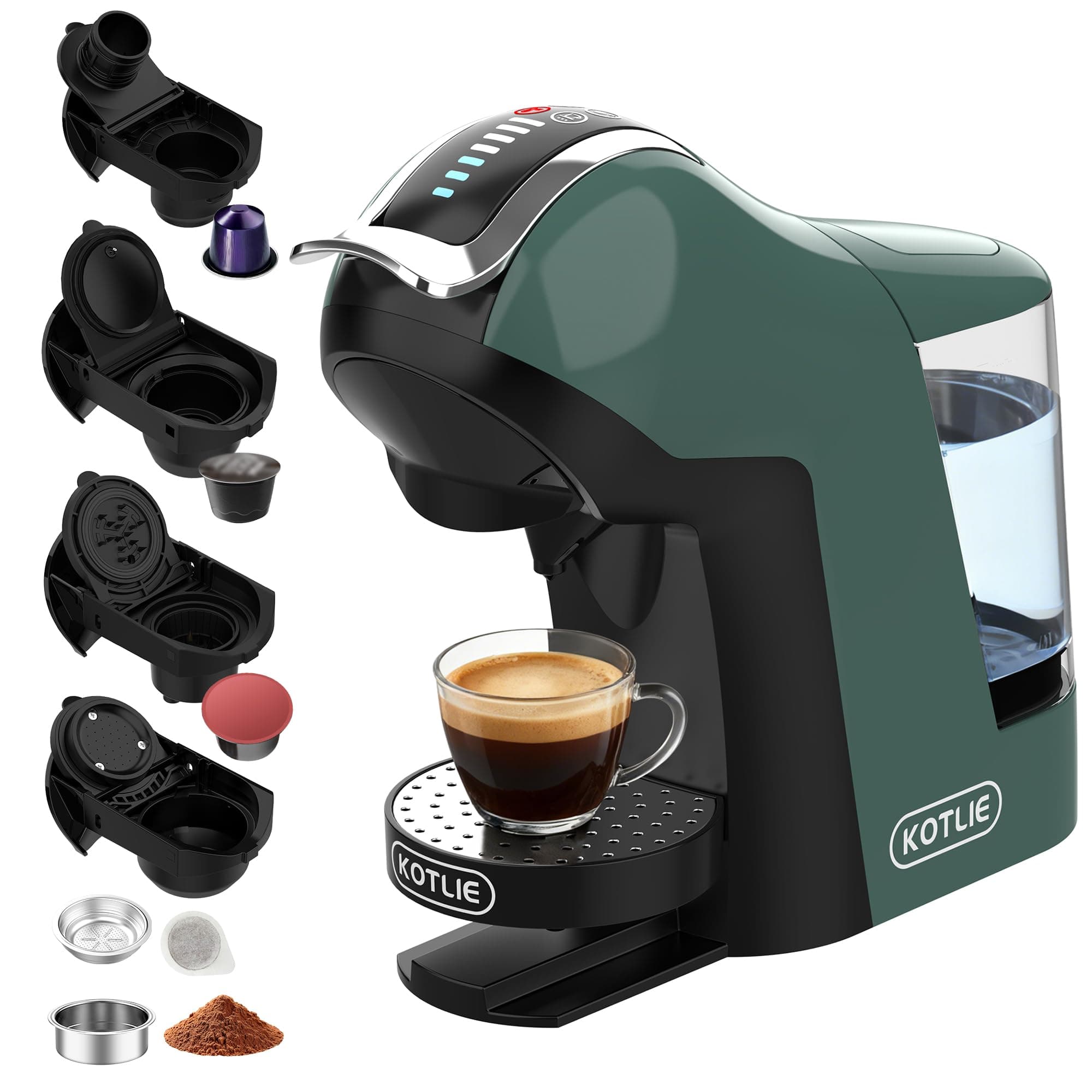 KOTLIE Macchina da caffè multifunzione compatibile con capsule e polvere, 3 tempi, 7 livelli di acqua, serbatoio acqua da 1 L (EM-308B)