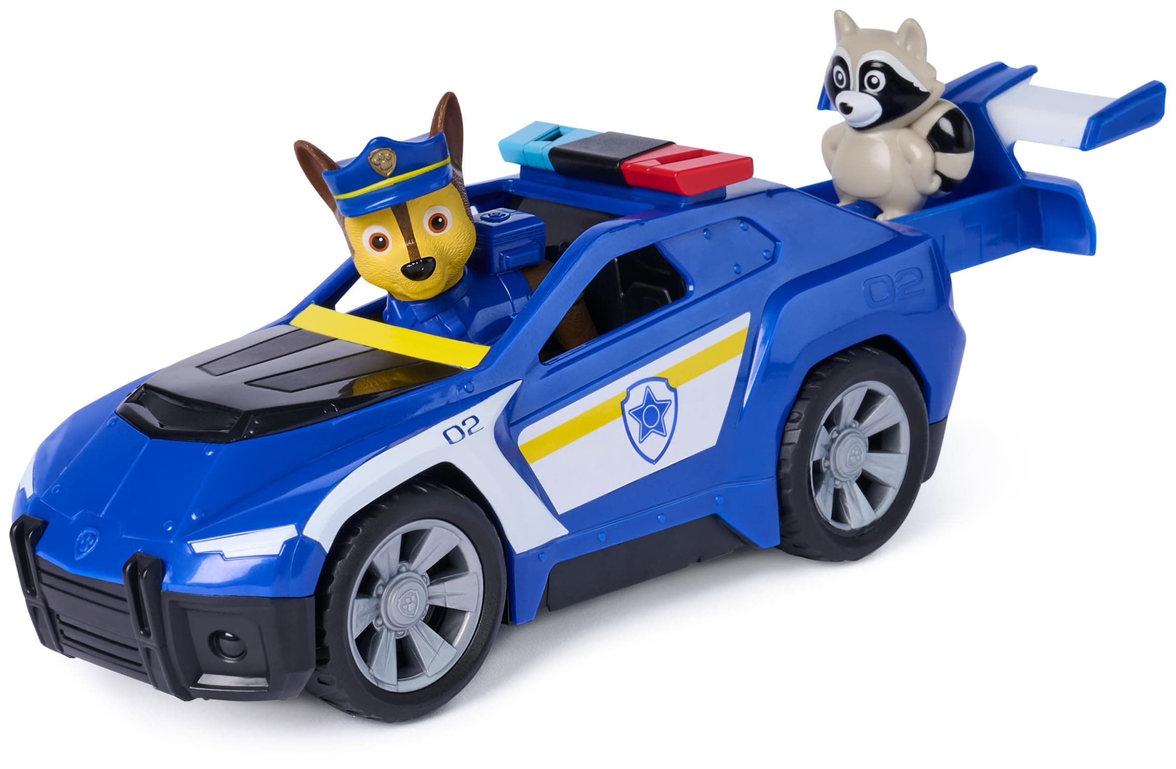 PAW PATROL - Search & Rescue: Chase' Rescue Cruiser, Polizei-Fahrzeug mit Rückziehmotor, ca. 15 cm, inkl. Hunde-Figur & Waschbär, detailgetreues Design zur Serie, Spielzeug ab 3 Jahren