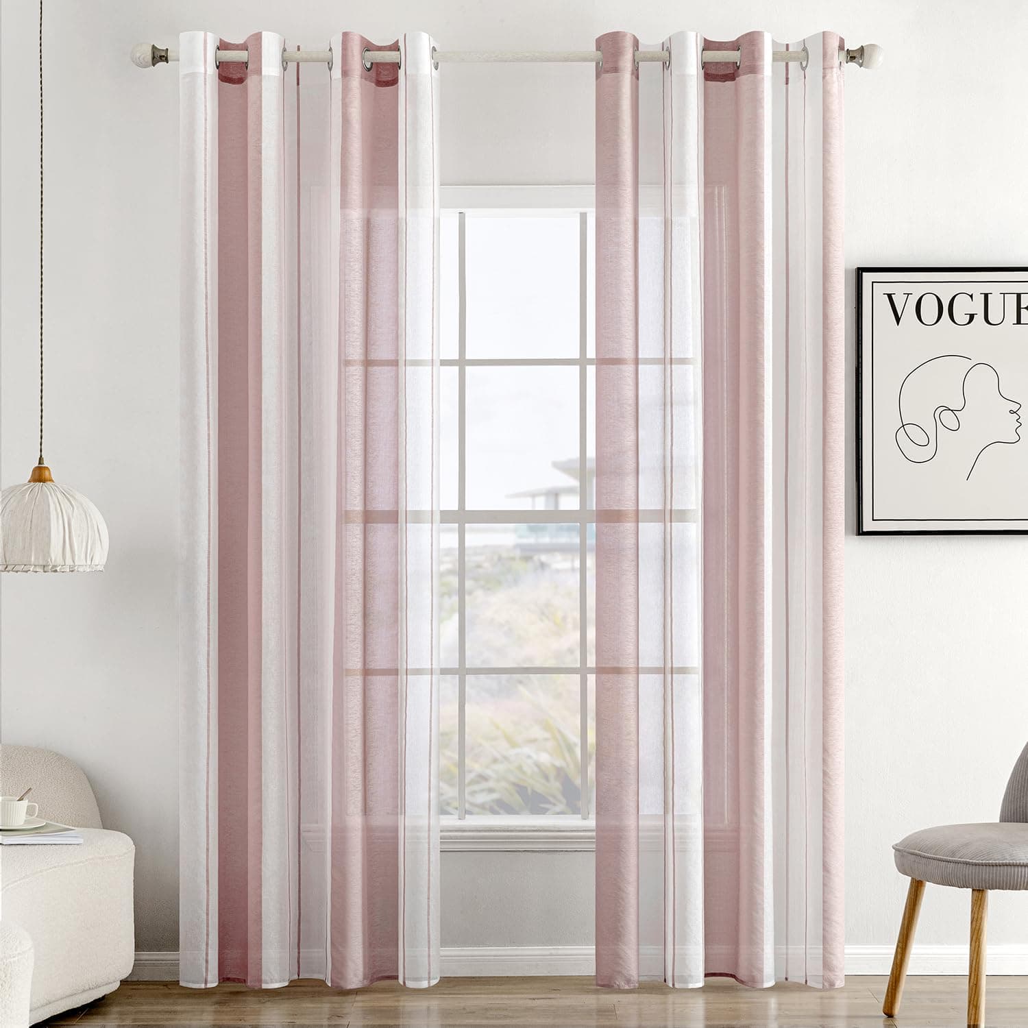 MIULEE Gardinen Gestreift Transparent mit Ösen, Voile Vorhänge Wohnzimmer Modern 2er Set, Vorhang Schlafzimmer Transparent mit Altrosa Weiss Gestreift Muster, Vorhang Halbtransparent Streifen 140X225