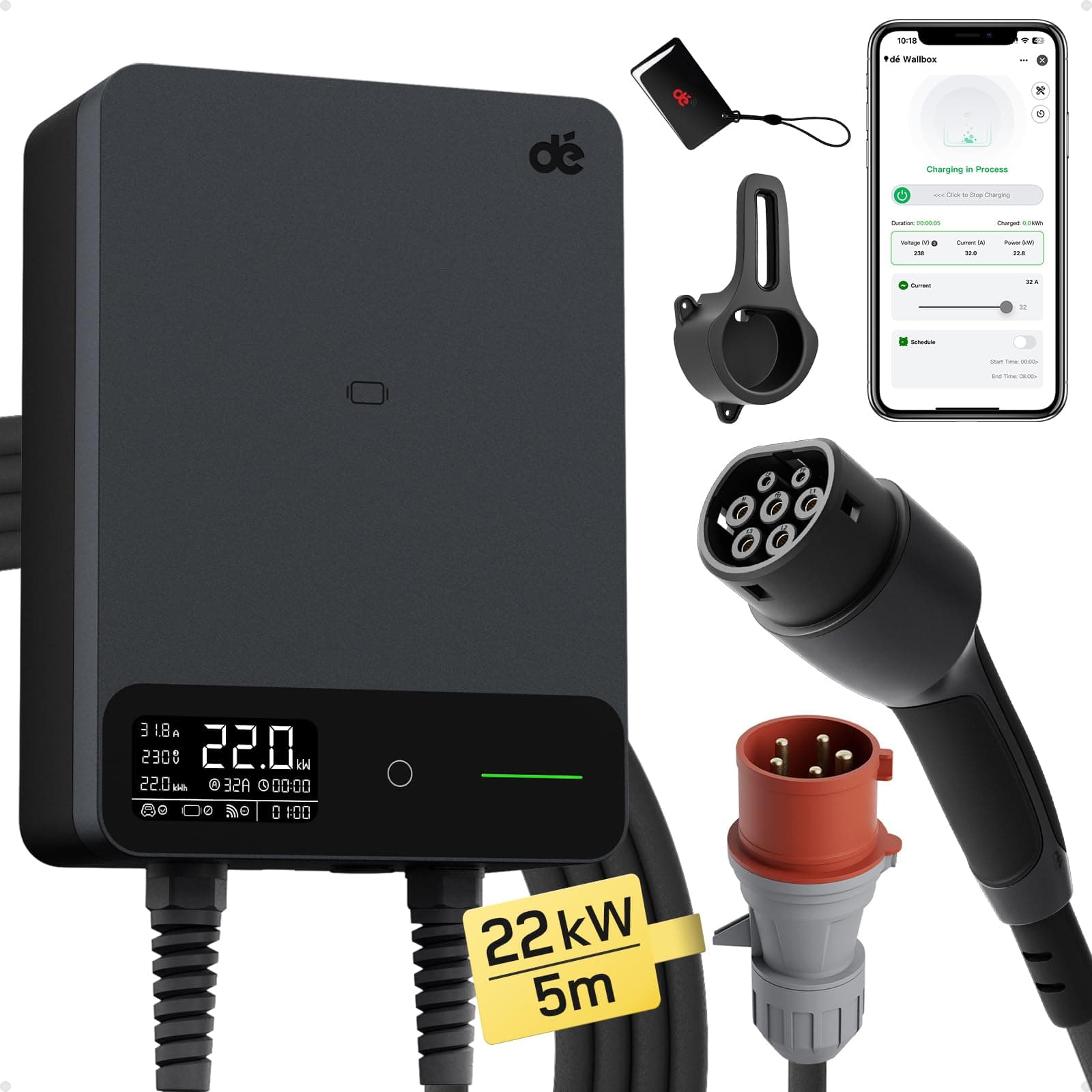 dé Wallbox 22kW [5m, 6-32A, Trifase] Colonnina Ricarica Auto Elettrica con APP e RFID e Supporto, EV Stazione di Ricaric con RCD Tipo B e Protezione IP54, per BEV/PHEV, Nero
