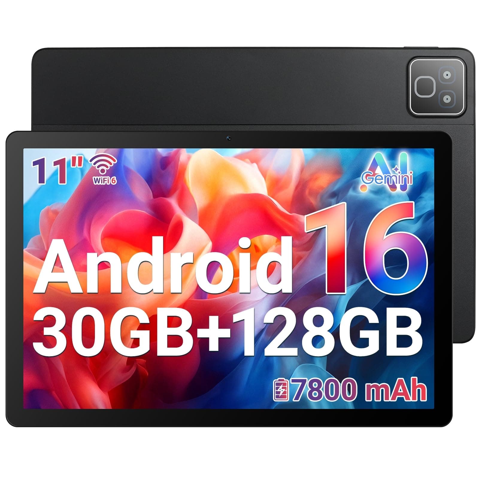 Tableta Android 16, 30GB + 128GB (ampliable a 1TB), tableta de 11 pulgadas con Bluetooth 5.3, WiFi 6, cámara dual, 5 núcleos, 5 MP + 8 MP, 7800 mAh, tabletas con modo teclado, luces arcoíris(negro)