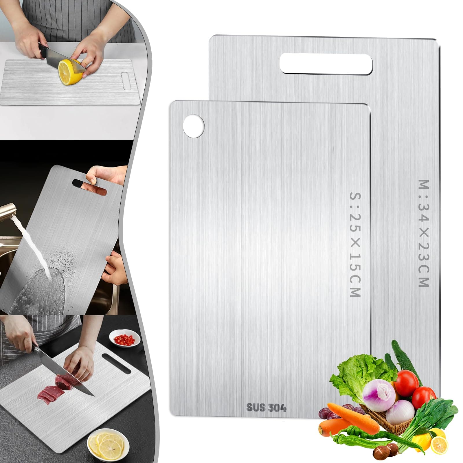 2 Pezzi Tagliere in Titanio e Acciaio Inox 304, Fronte-Retro per Uso Alimentare - Facile da Pulire, Resistente alla Muffa per Carne, Pane, Verdure e Frutta