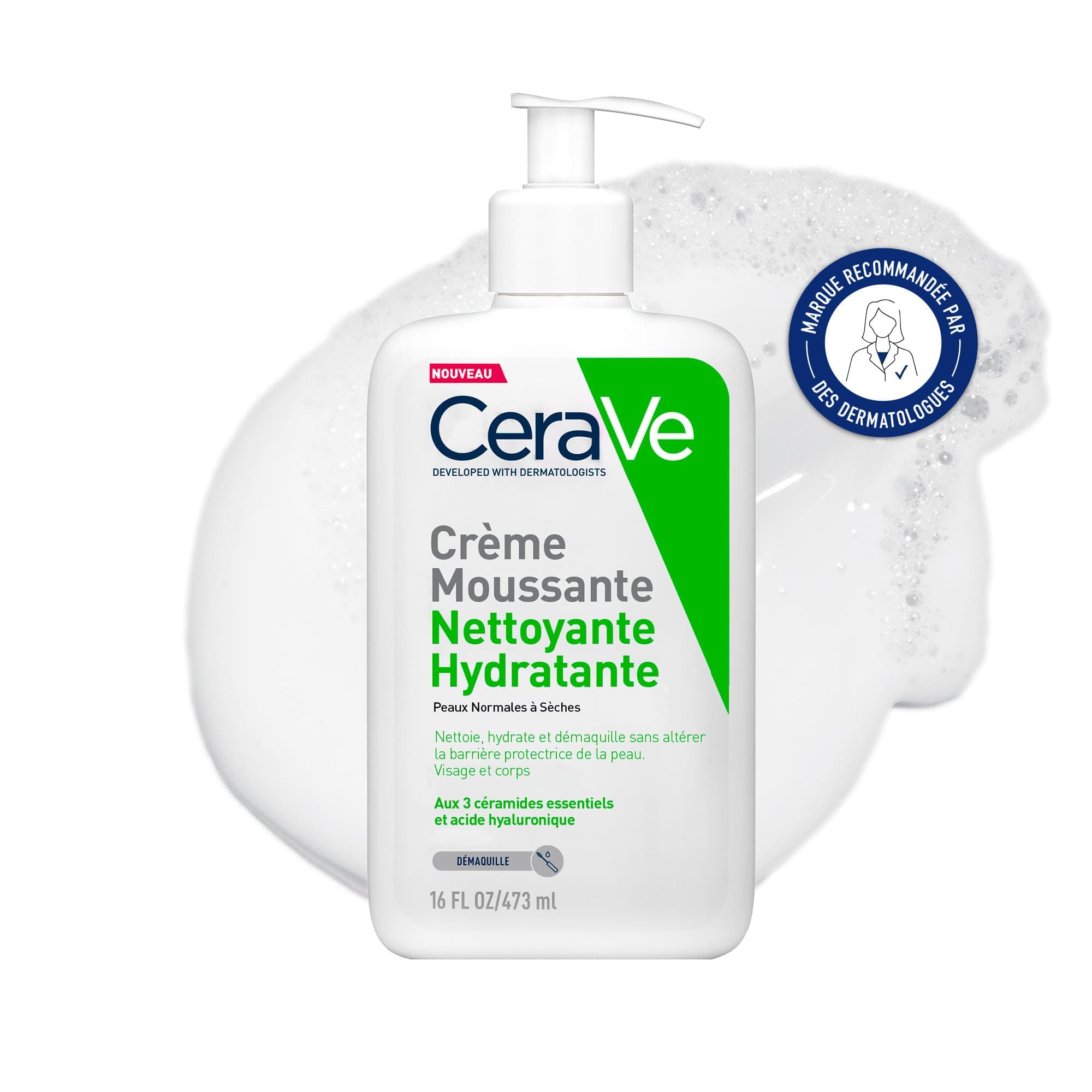 Crème Moussante Nettoyante Hydratante - Visage et Corps - Nettoie et Hydrate Sans Altérer la Barrière Cutanée - Céramides Essentiels + Acide Hyaluronique - Peaux Normales à Sèches - 473ml