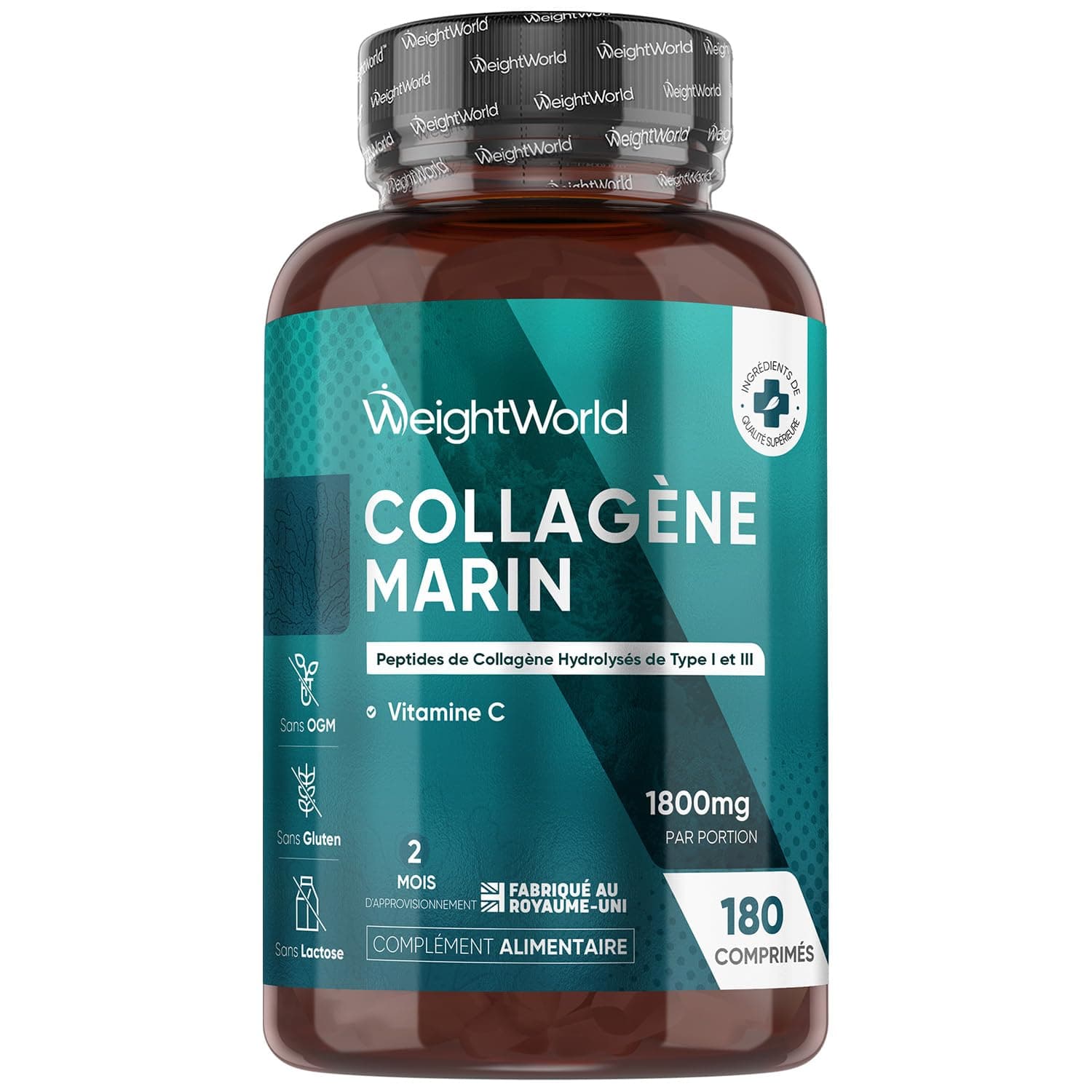 Collagène Marin Hydrolysé Type 1 & 3 avec Vitamine C, 1800mg par Portion, 180 Comprimés, 2 Mois de Stock, Alternative à la Poudre et aux Gélules – Collagène Marin en Comprimés, sans Gluten ni Lactose