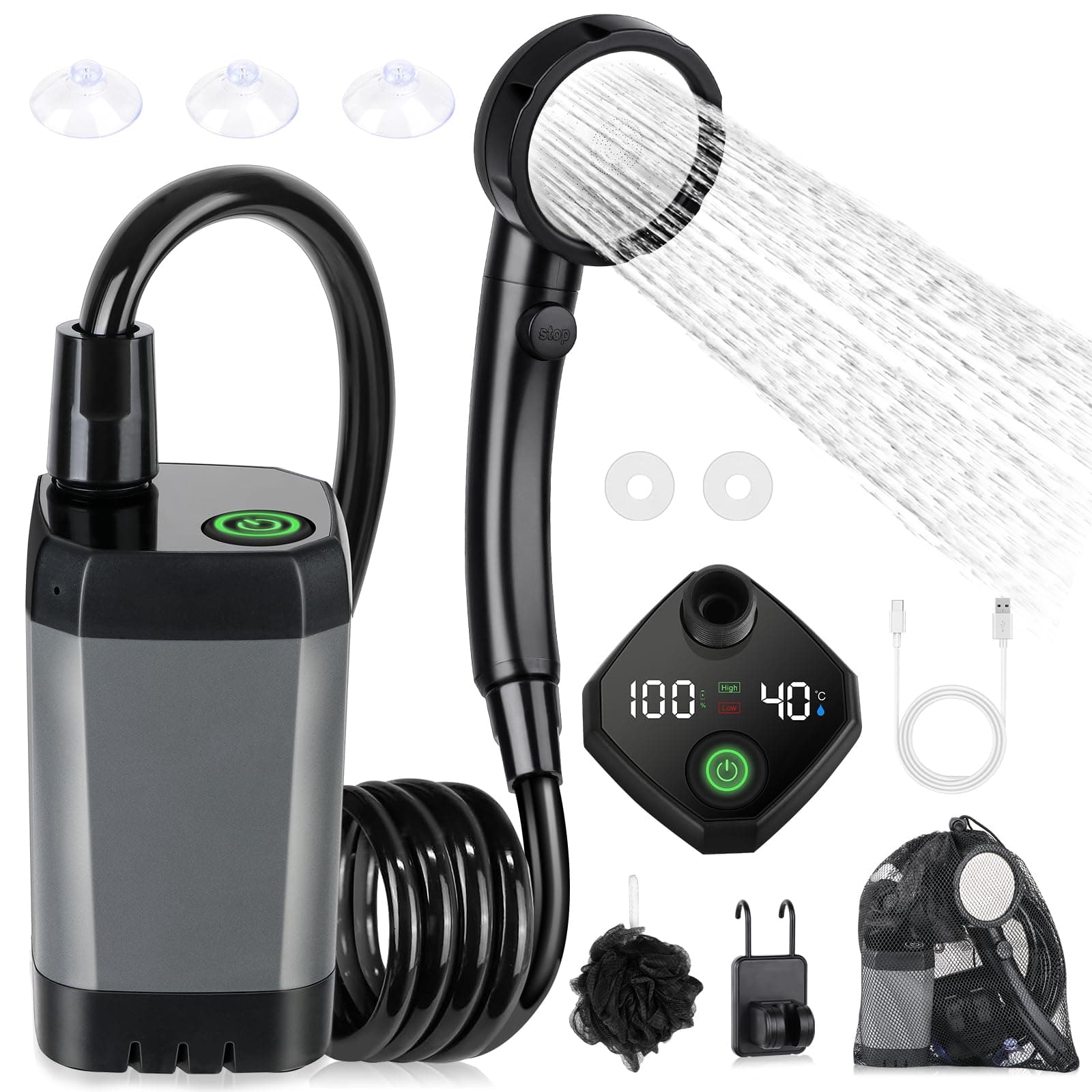 Spopal Kit Douche de Camping, Douche Portable,Pompe de Douche Électrique Rechargeable,Imperméable, avec Afficheur Intelligent et Pomme de Douche 4 Modes pour Extérieure,Camping,Randonnée