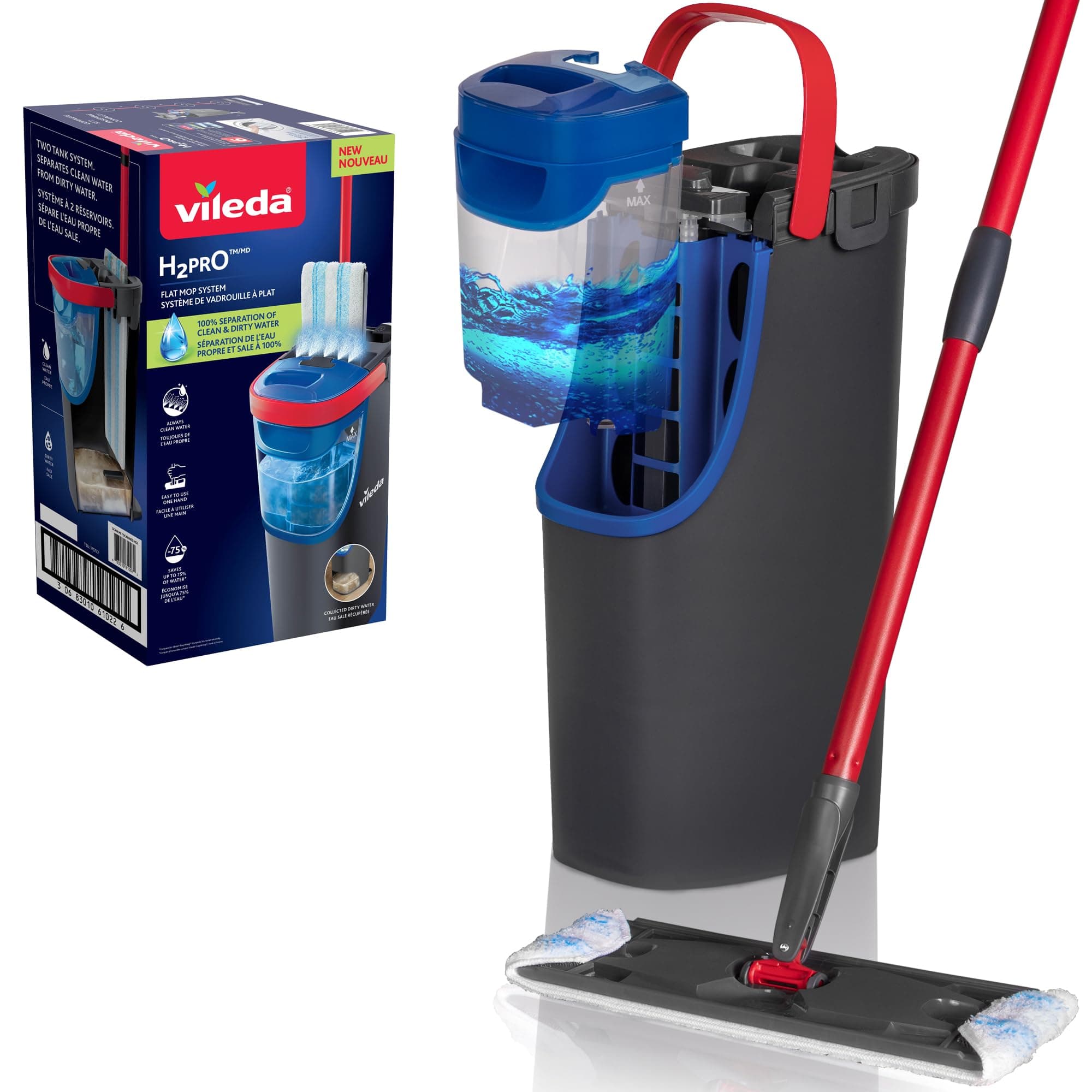 Vileda - H2pro Balai Plat - Système Innovant à Double Réservoir Distinct - Balai Plat avec Recharge Microfibre - Sépare l'eau Propre et Sale pour Une Hygiène Impeccable - Design Ergonomique
