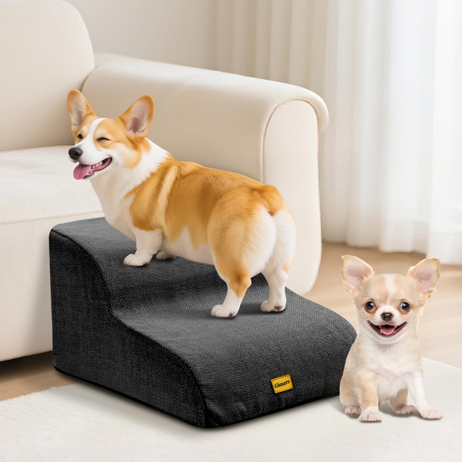 Gimars Scaletta per cani extra larga e robusta in schiuma 30D ad alta densità a 2 gradini per divano, scala per animali domestici per cani di taglia piccola e media nera
