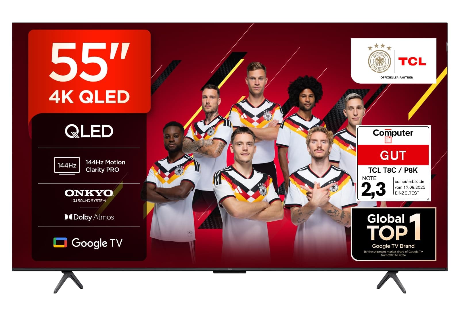 TCL 55T8C 55 Zoll QLED 4K HDR UHD Fernseher, Smart Google Tv Dolby Vision Atmos,144Hz Motion Clarity Pro, Game Bar, ALLM, Freesync, Onkyo 2.1 Sound, Sprachsteuerung, Kompatibel mit Google Assistant