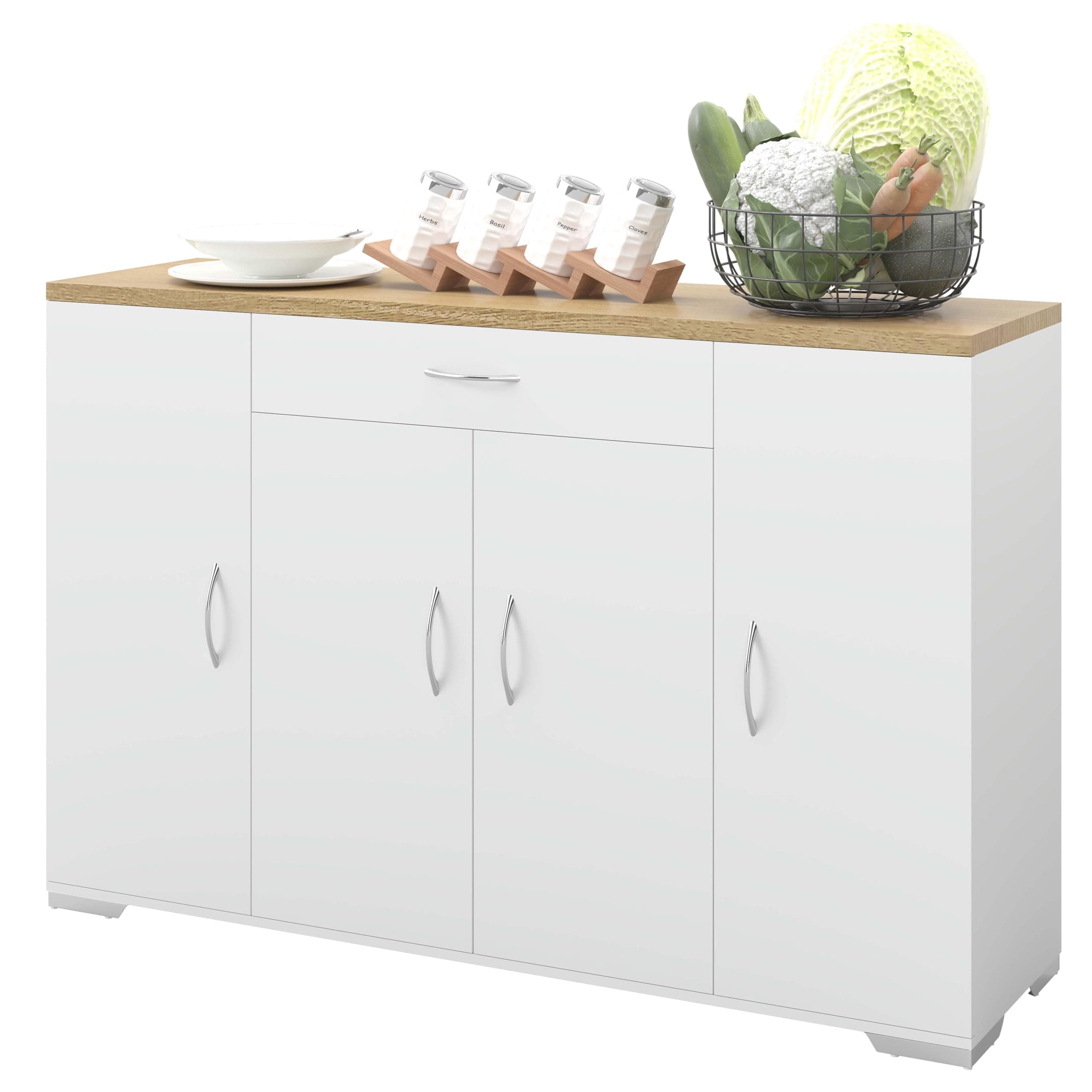 Amveya Meuble Cuisine Rangement Plan de Travail Cuisine Buffet Cuisine Blanc 110 x 30 x 70 cm avec Tiroir et 4 Portes Meuble Bas Cuisine Meuble Rangement Cuisine Salle à Manger Salon Armoire